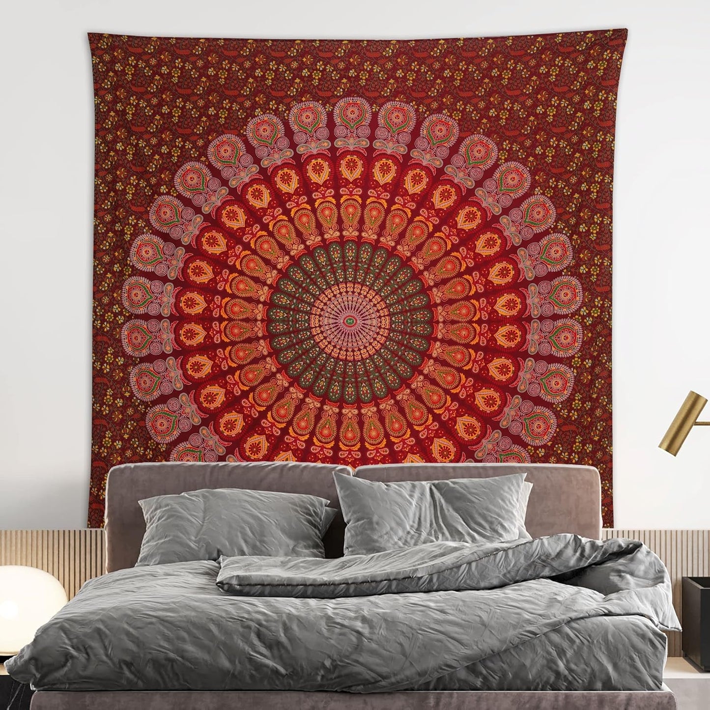 Bless International Handmade Indian hippie Bohemian Psychedelic Peacock Mandala Wall hanging College Dorm Beach Throws Table Cloth Bedding Tapestry (Maroon Yellow, Queen(84x90Inches)(215x230Cms))