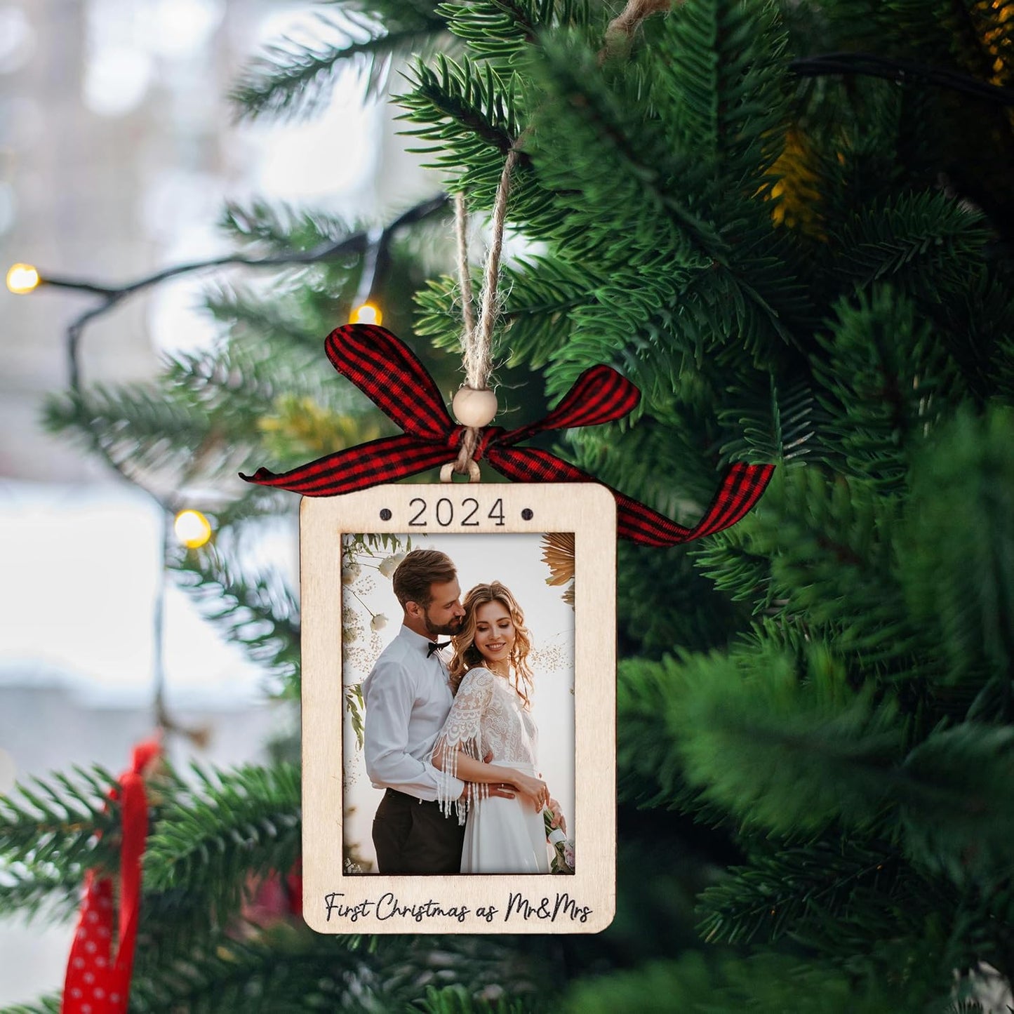 Christmas Photo Frame Ornament, 2025 Ornament, Wooden Picture Frame Ornaments With Hanging String (First Christmas As Mr & Mrs (Portrait))