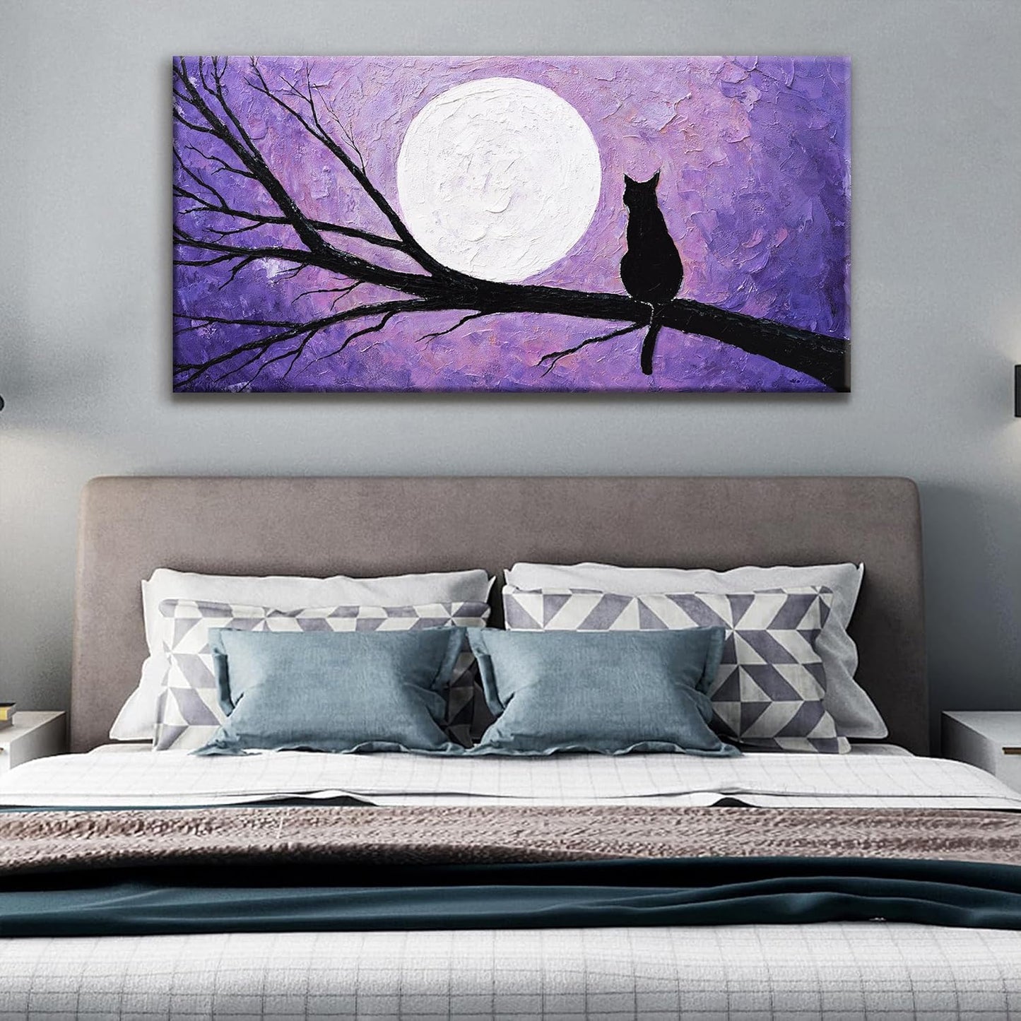 QSQ Cat Wall Art Prints Painting Canvas Art Wall Decor Funny Monet Cat Under The Moonlight Abstract Wall Art Posters Picture For Bedroom Bathroom Office Home Decor Aesthetic 20" × 40"
