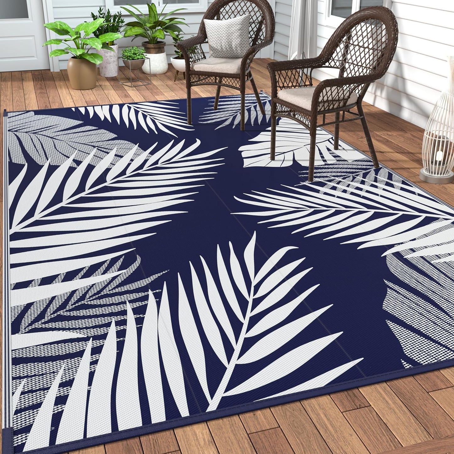 GENIMO Outdoor Rug 4' x 6' Waterproof for Patios Clearance, Reversible Outdoor Plastic Straw Camping Rug Carpet, Large Area Rugs Mats for RV, Camper, Deck, Balcony, Porch, Beach, Navy Blue&White