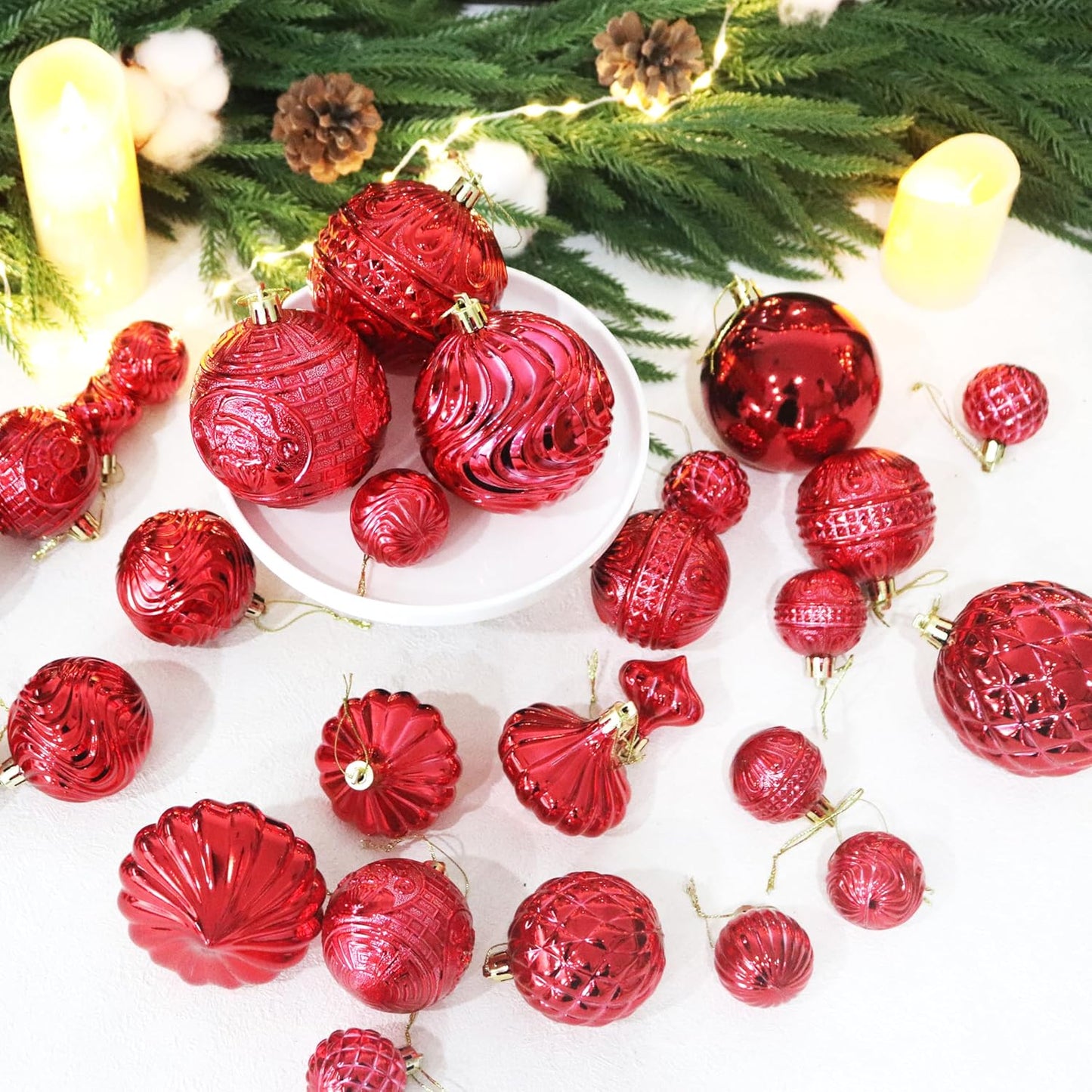 Christmas Ornaments Set with 60pcs Shatterproof Christmas Tree Decorations Multi-Size Christmas Ball Ornaments with 7 Styles Red