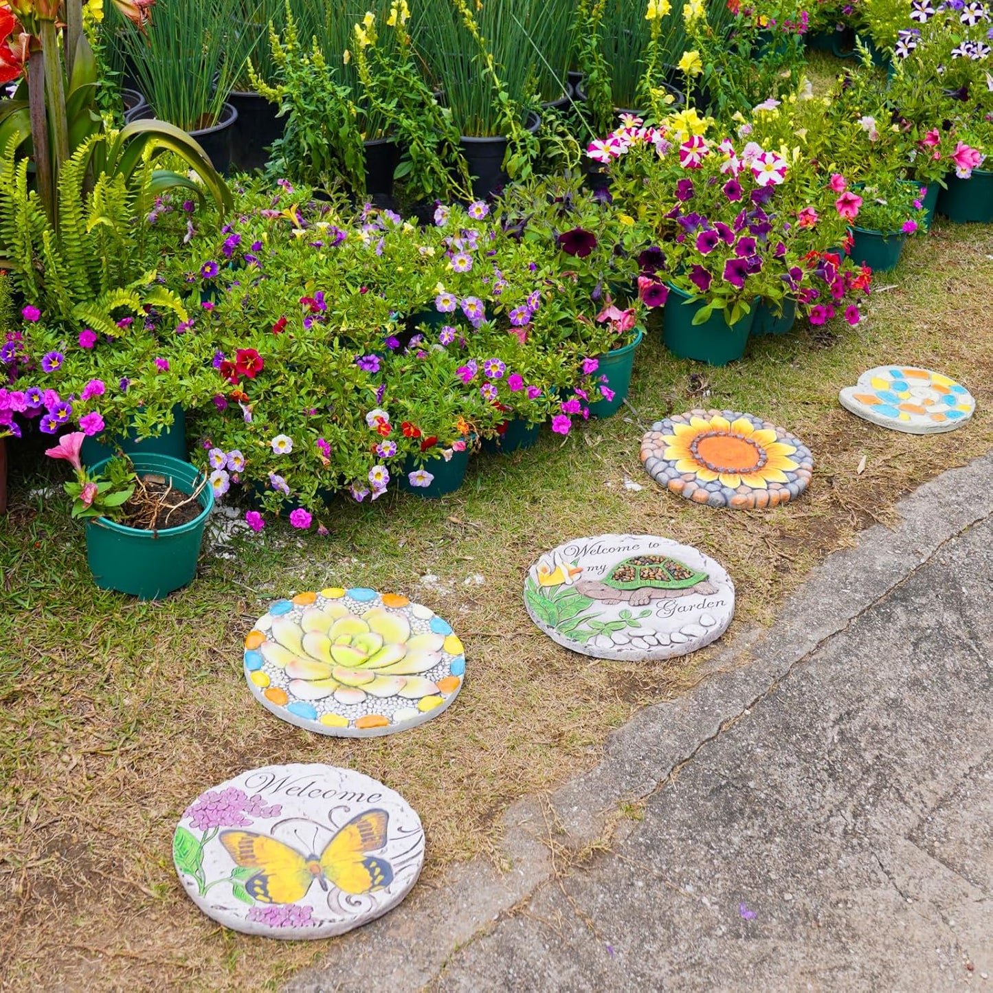 Succulent Pattern Cement Stepping Stones - Outdoor Pavers for Walkway, Multicolored Decorative Stone for Garden, 0.75 x 10 x 10 Inch