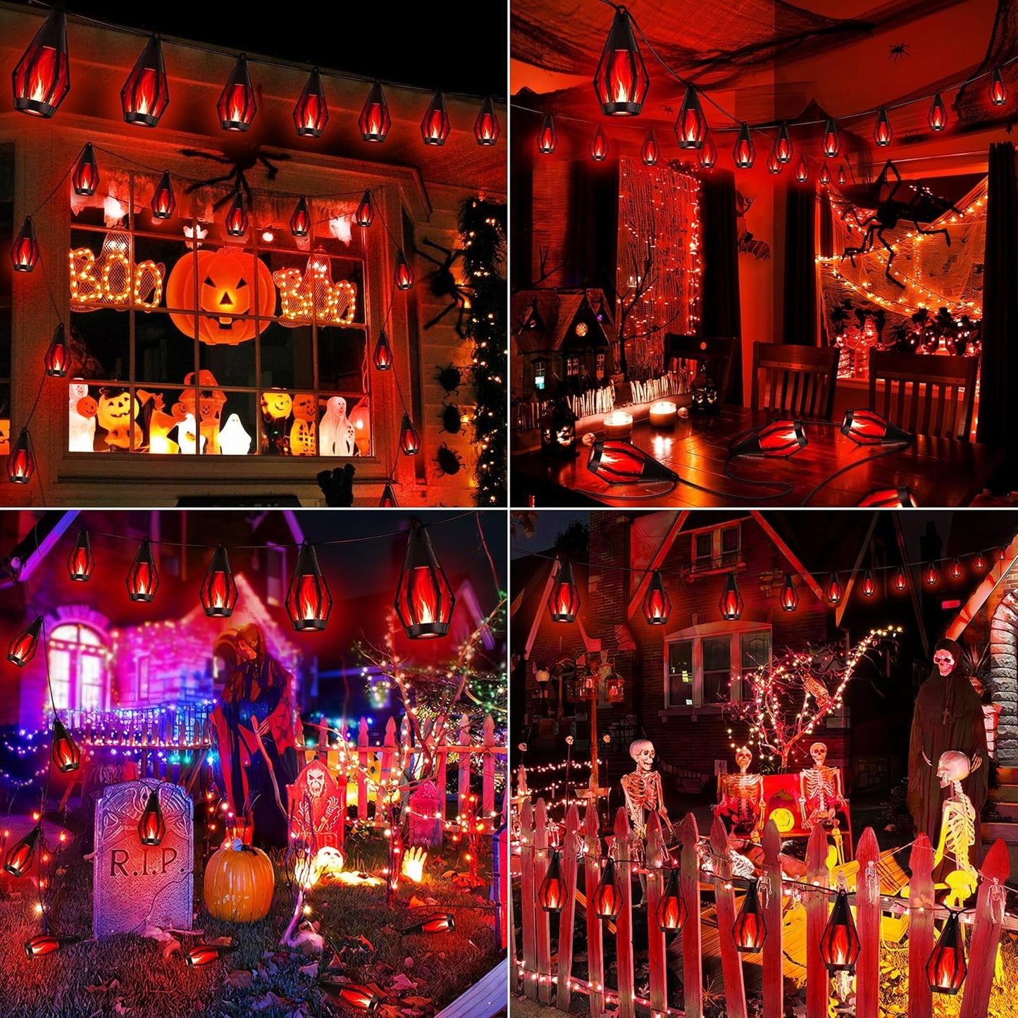 iBaycon Solar Halloween Lights, 27Ft 10 LED Bulbs Flickering Flame String Light, Outdoor Waterproof Solar Flame Lights for Garden Yard Patio Halloween Decorations (Red)