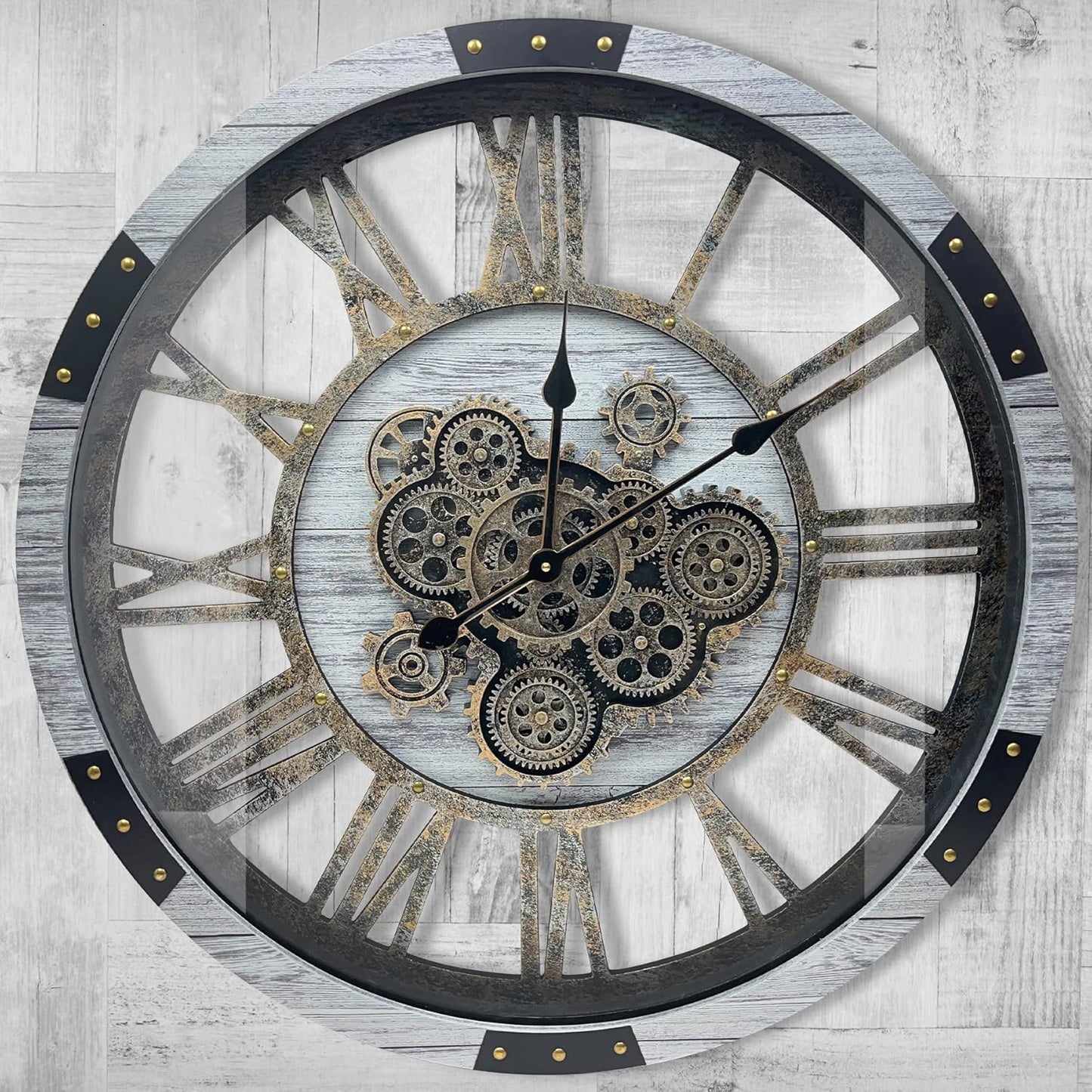 DORBOKER 36" Original Moving Gears Wall Clock, Large Industrial Wall Clock for Living Room Decor, Retro Metal Solid Wood Vintage Farmhouse Steampunk Rustic Clocks for Wall Decor,Silver Grey