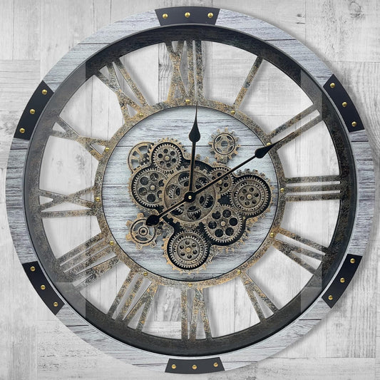 DORBOKER 36" Original Moving Gears Wall Clock, Large Industrial Wall Clock for Living Room Decor, Retro Metal Solid Wood Vintage Farmhouse Steampunk Rustic Clocks for Wall Decor,Silver Grey