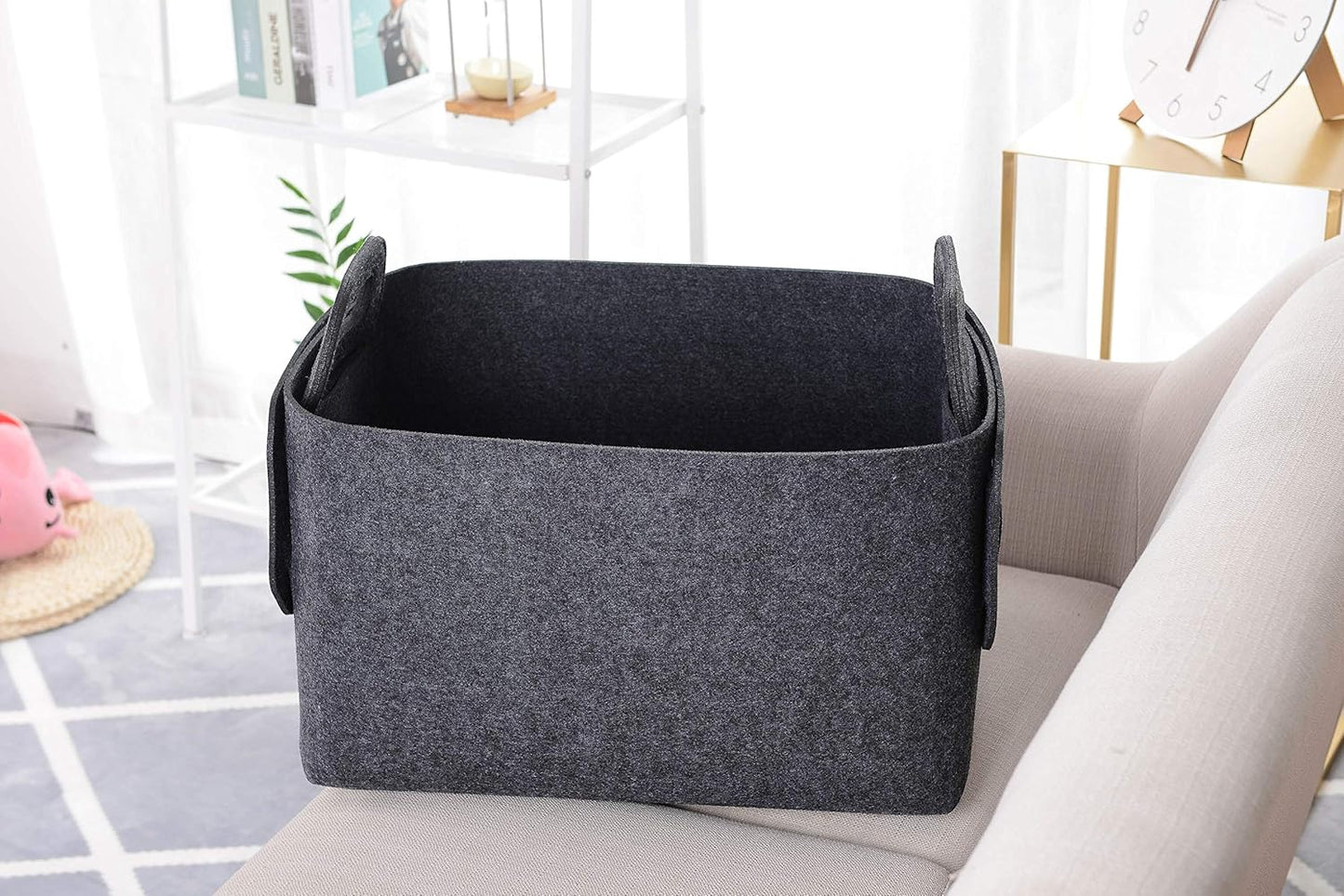Storage Basket Felt Storage Bin Collapsible& Convenient Box Organizer with Carry Handles for Office Bedroom Closet Babies Nursery Toys Laundry (Dark grey, 19.9inch（L）×13.6inch（W）×12.6inch（H）)