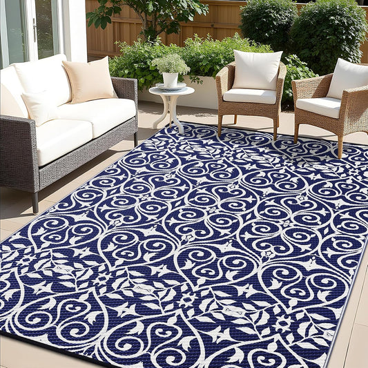 OLANLY Outdoor Rug Waterproof 8x10 ft Clearance, Reversible Outdoor Plastic Straw Rug with Floral Pattern, RV Mat for Patio, Camping, Balcony, Deck, Backyard, Navy & White