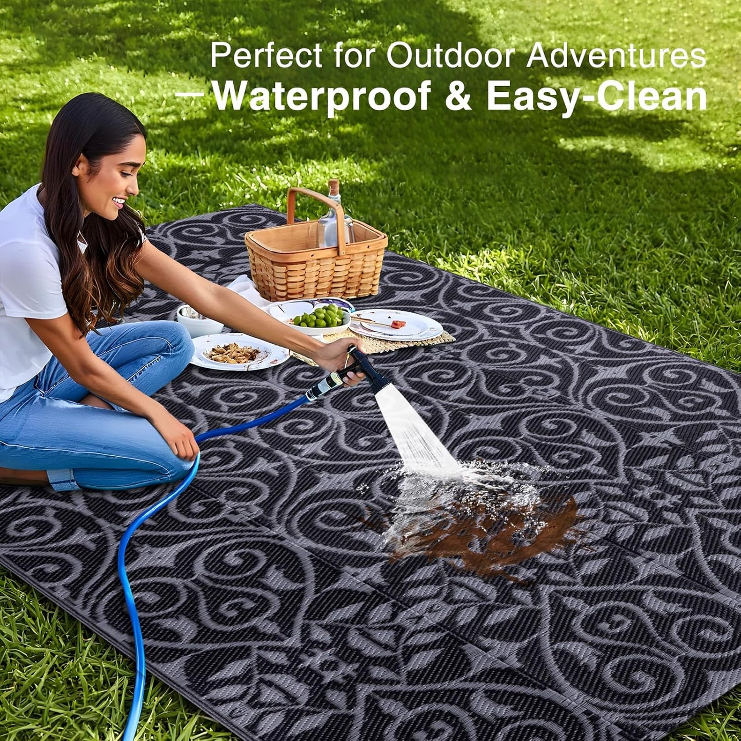 OLANLY Outdoor Rug Waterproof 5x8 ft Clearance, Reversible Outdoor Plastic Straw Rug with Floral Pattern, RV Mat for Patio, Camping, Balcony, Deck, Backyard, Black & Grey
