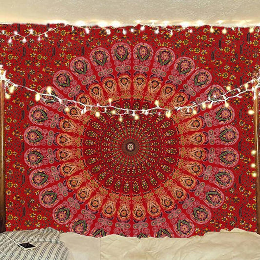 Bless International Handmade Indian hippie Bohemian Psychedelic Peacock Mandala Wall hanging College Dorm Beach Throws Table Cloth Bedding Tapestry (Golden Red, Medium(54x60Inches)(137x152cms))