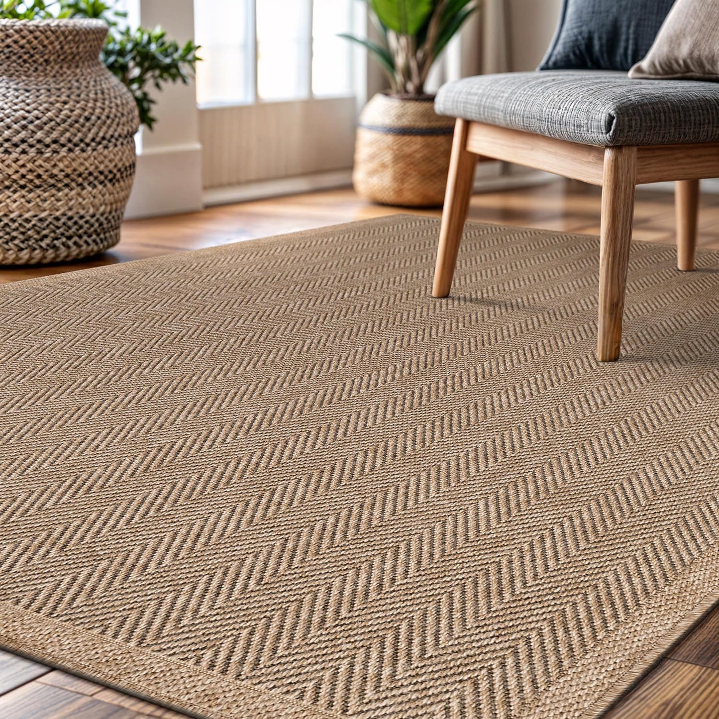CAMILSON Easy Jute Rug 6x9, Indoor Outdoor Natural Color Fiber Area Rugs for Living Room Patio and Bedroom Rug Herringbone Seagrass Woven Design Easy-Cleaning, Washable Outside Carpet Alfombras 6 x 9