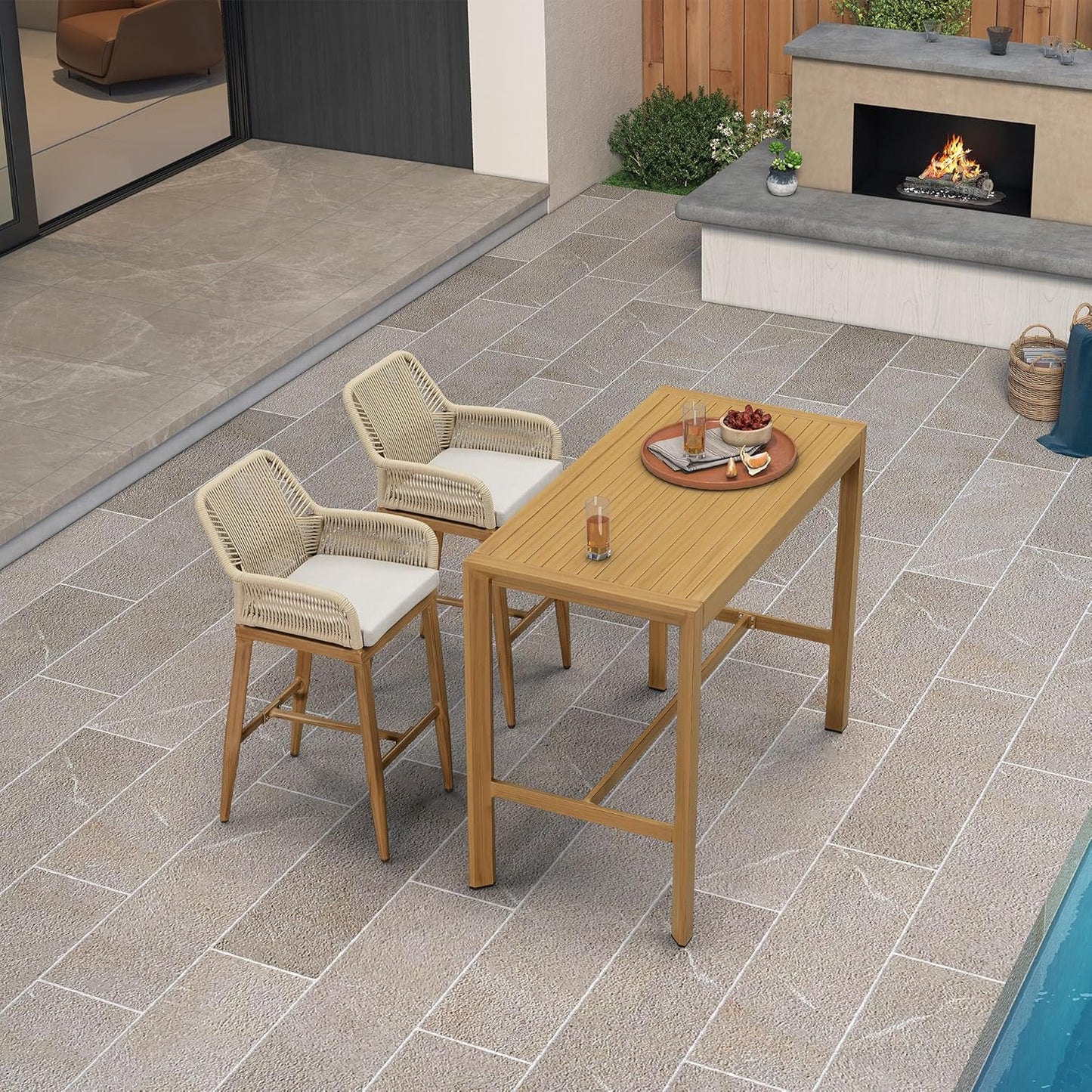 PURPLE LEAF 43.1'' Rectangle Outdoor Patio Bar Height Pub Table, Outside Aluminum Tall Kitchen Bar Table with Sturdy Legs for Bar Stool, Indoor and Outdoor, Garden, Teak