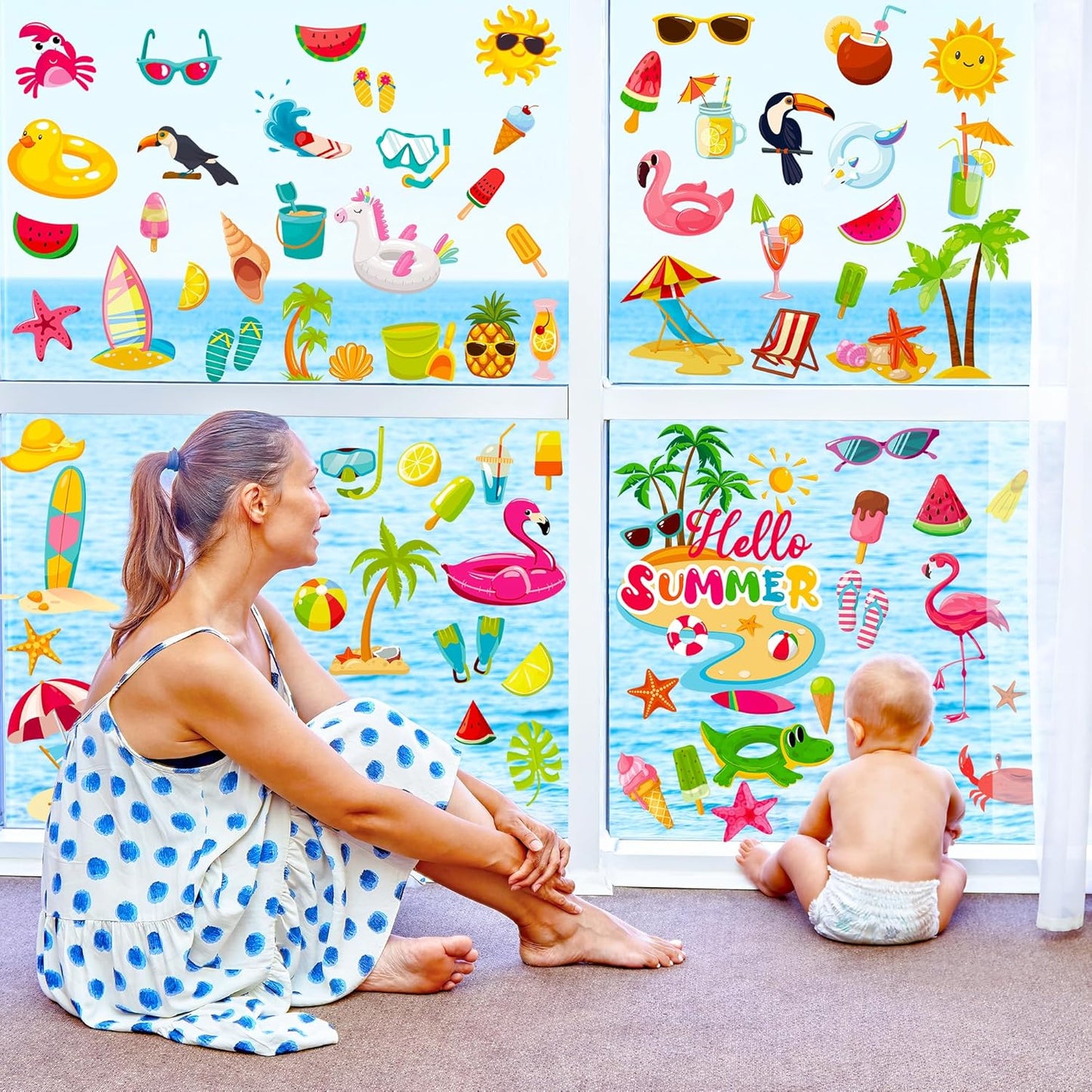 9 Sheets Summer Window Clings, Double Sided Summer Window Clings for Glass Windows, Hello Beach Decals, Sun Watermelon Pattern Stickers for Home Office Accessories Decorations