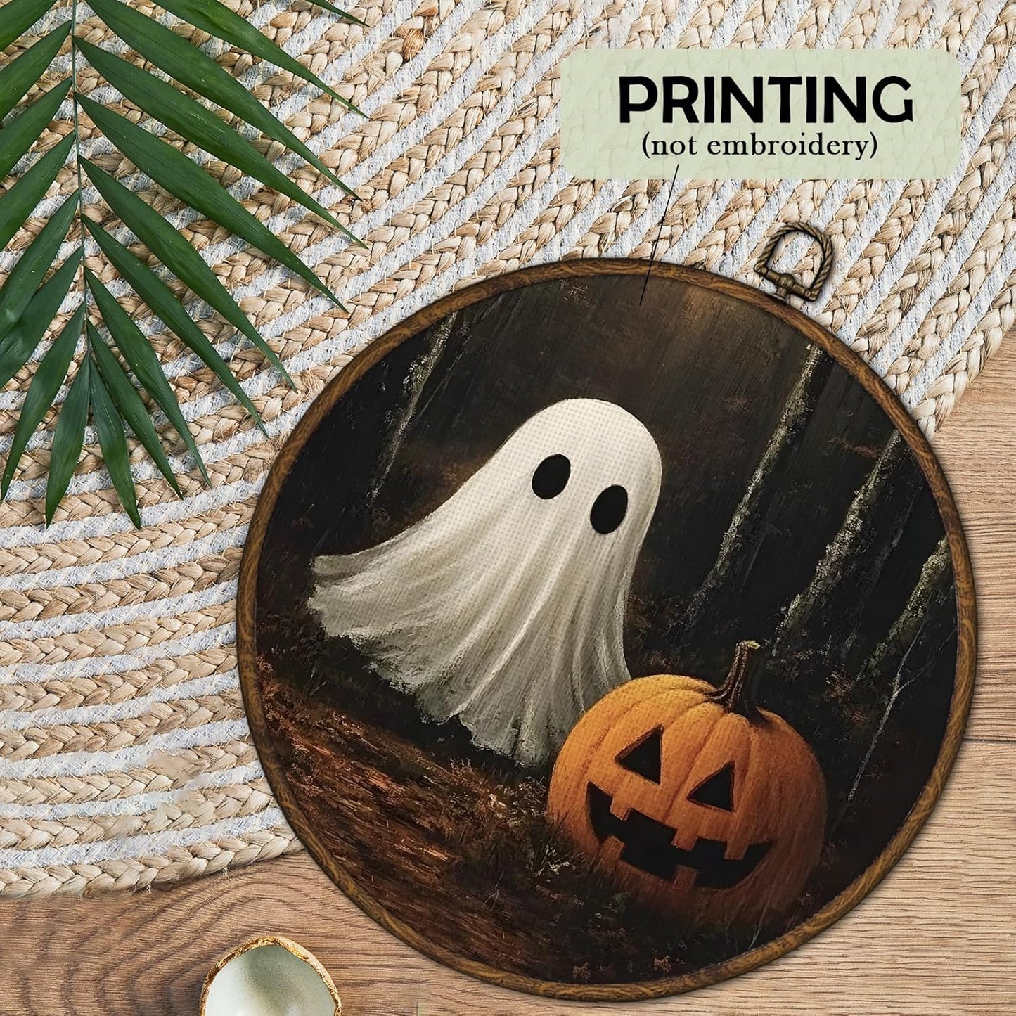 cvjutf Vintage Ghost Halloween Wall Art Framed, Ghost Bathroom Decor, Gothic Dark Academia Fall Round Wall Decor, Witchy Halloween Pumpkin Canvas Prints Art for Bedroom Bathroom Living Room, 10x10 In