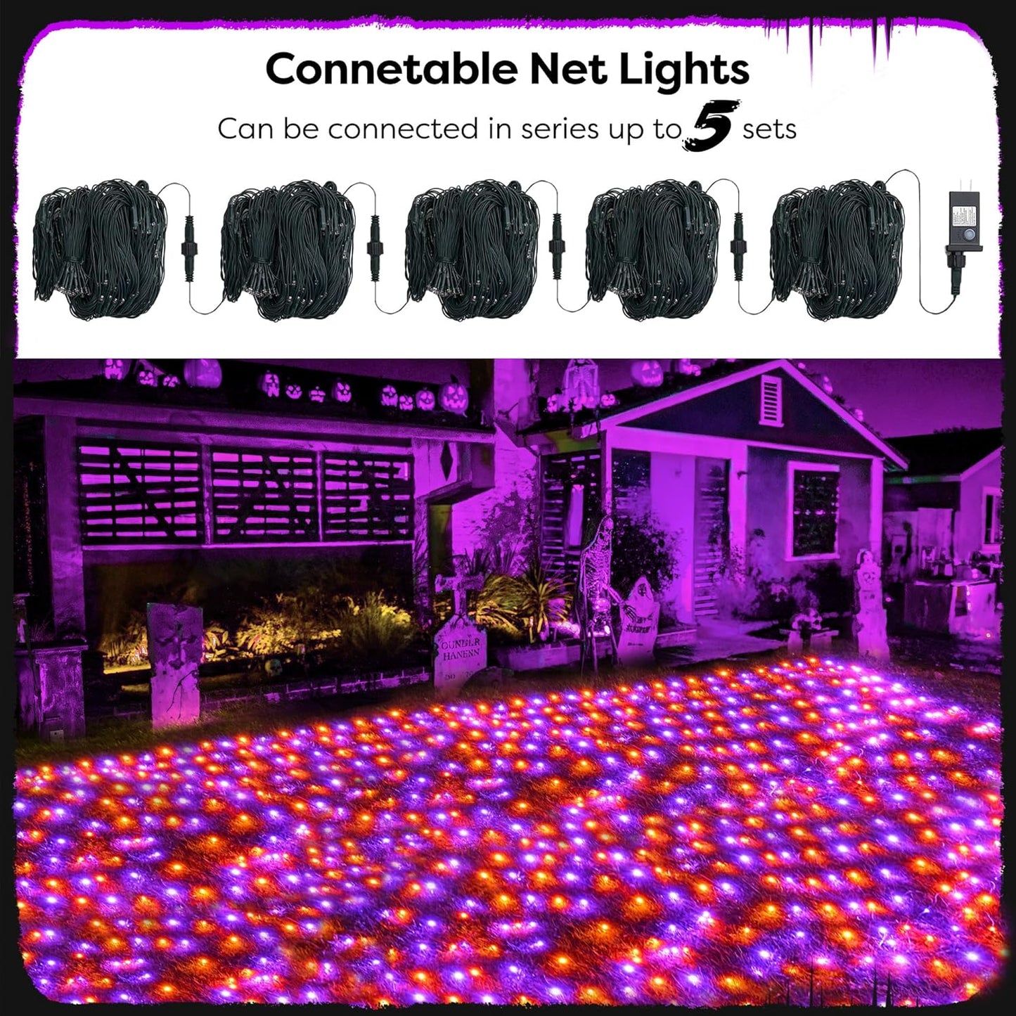 WBao Orange Purple Halloween Lights Outdoor 200LED F8 Big Bulbs, 8.4ft x 5.2ft Halloween Net Lights with 8 Modes, Timer, Connectable, Waterproof & Dark Green Wire for Lawn, Bushes Outdoor Decorations