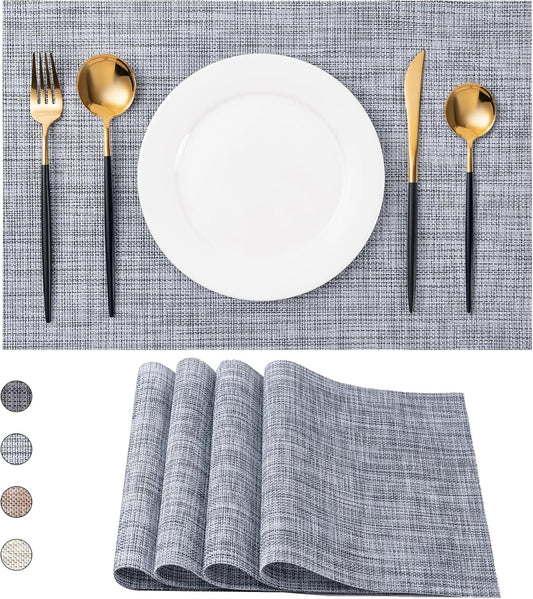 CADONO Placemats Set of 4 Washable Indoor/Outdoor Vinyl Place Mats for Dining Table Durable Non-Slip Heat Resistant PVC Weave Table Mats（Gray）