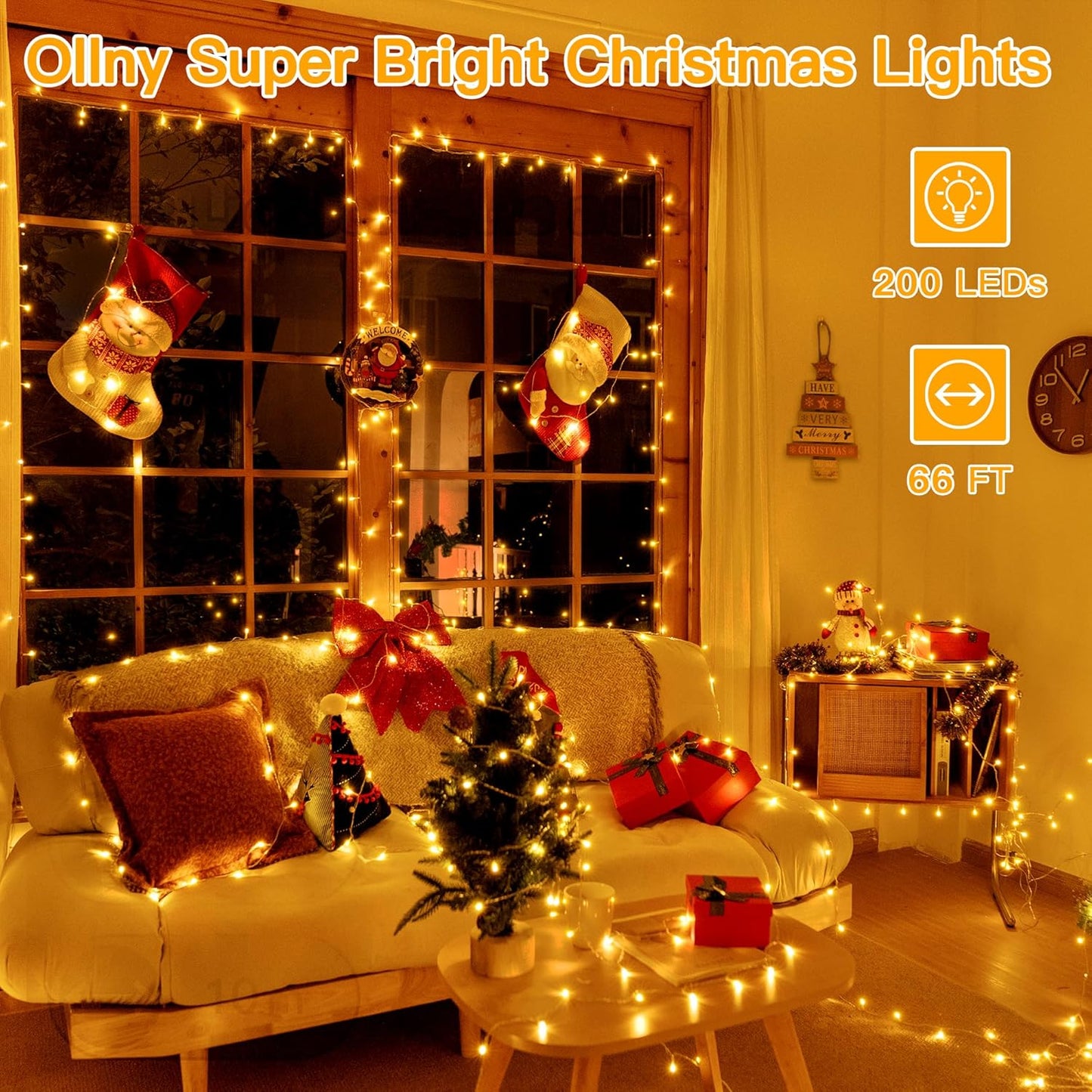 Ollny Christmas String Lights Indoor Outdoor 200LED/66FT Multicolored to Warm White Color Changing with Remote Control Timer 11 Lighting Modes Waterproof for Bedroom House Easter Xmas Decorations