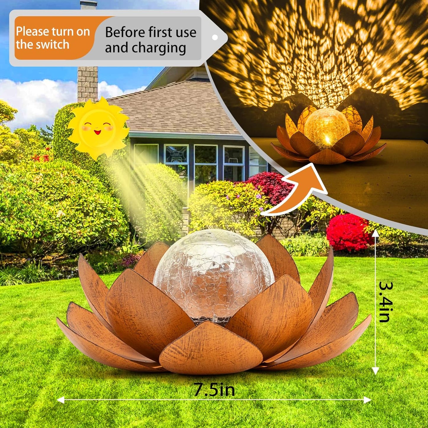 Solar Light Outdoor(2Pack), Art Crackle Globe Glass Lotus Decoration, Solar LED Waterproof Metal Flower Lights for Patio,Lawn,Walkway,Tabletop