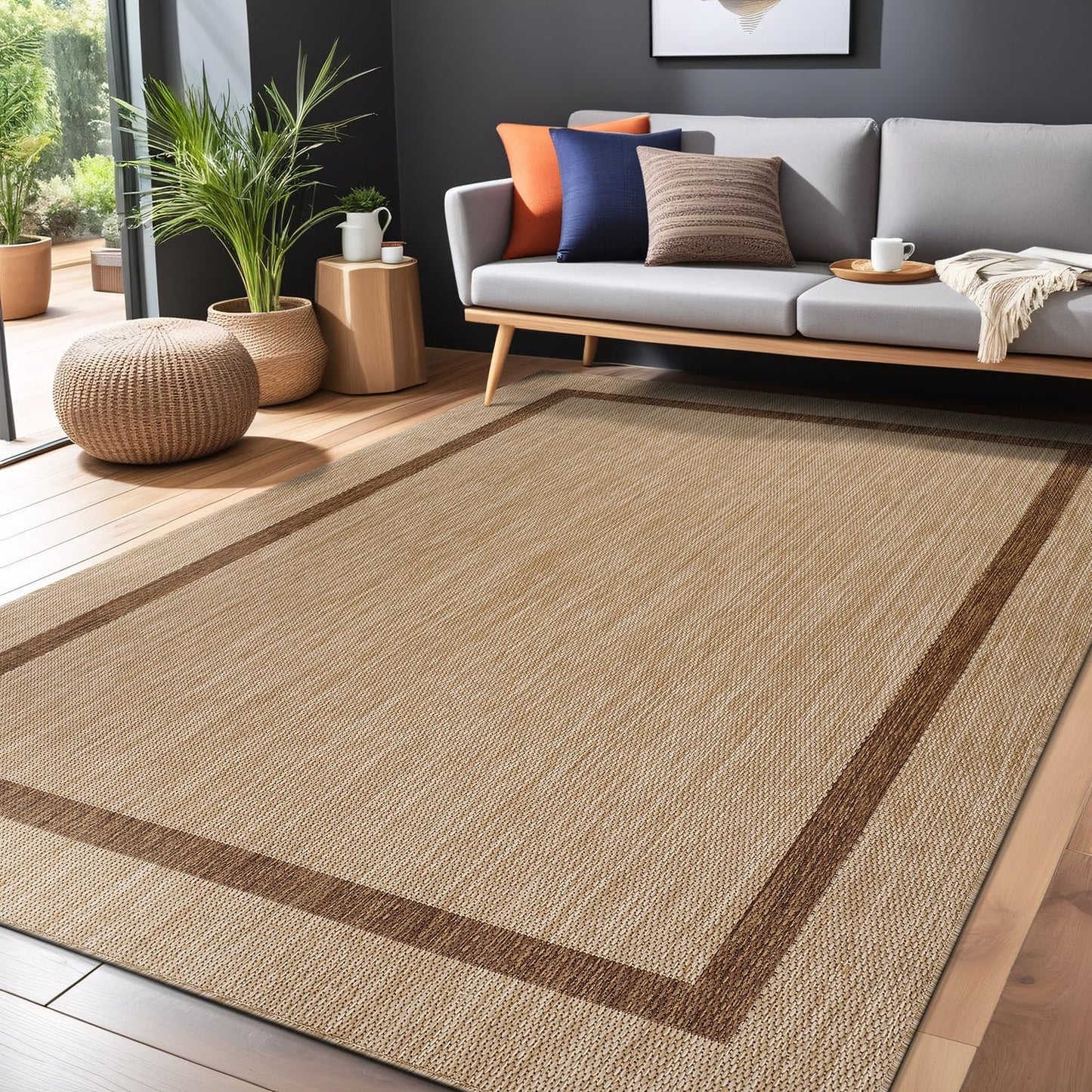 Bordered Outdoor Rug 6x9 Washable Outside Carpet for Indoor Patio Porch Waterproof Easy Cleaning Non Shedding Area Rugs Jute Beige - Nut Brown 6 x 9