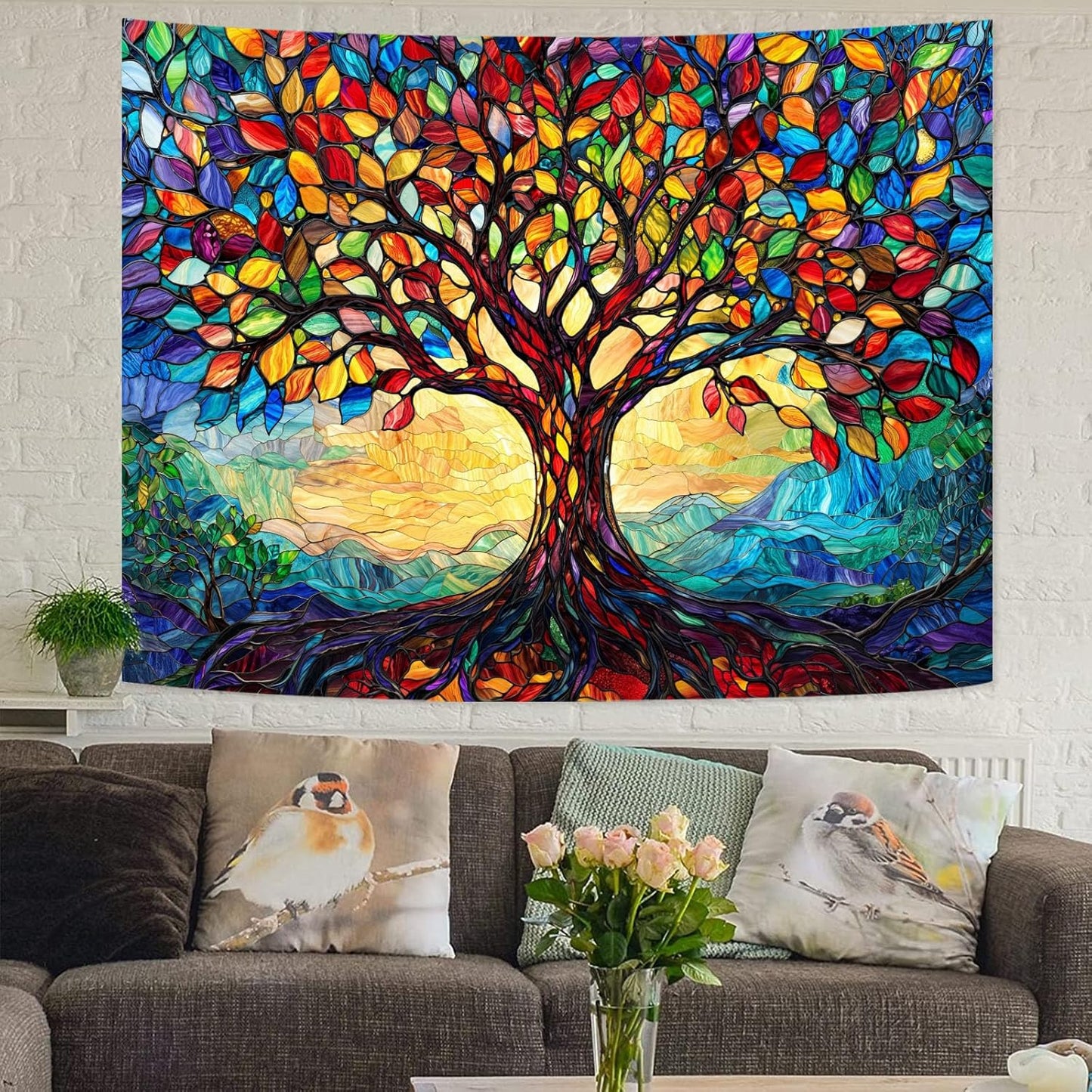 Lunerfex Tree of Life Tapestry Stained Glass Tapestry Wall Decor Tapestries for Bedroom Art Tapestries Wall Hanging for Bedroom Living Room Glass-Tree-01 44"x60"