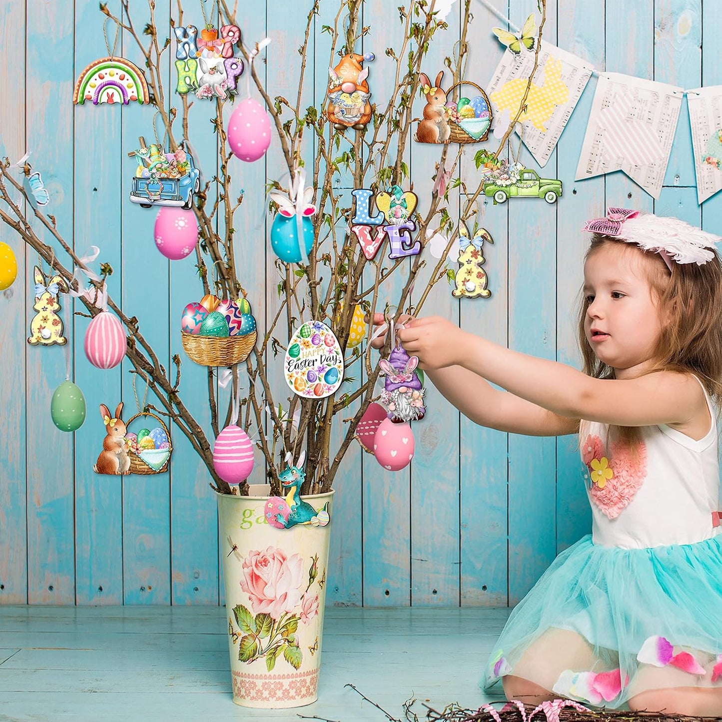 24 Wooden Hanging Ornaments, Hanging Decor for Tree, Happy Easter Egg Gnome Bunny Wooden Craft Spring Party Supplies Home Decor