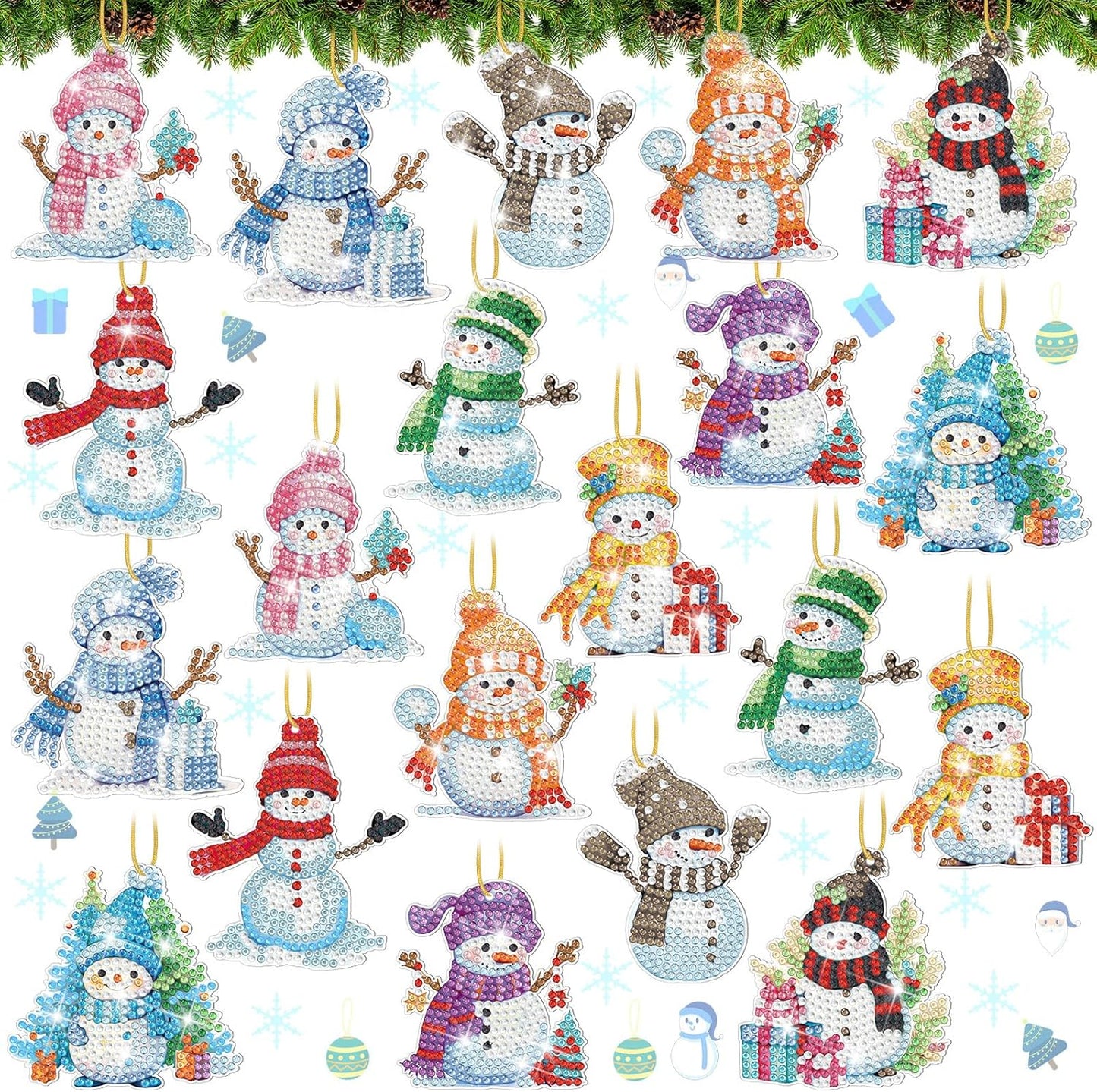 Skylety 20 Pcs Christmas Diamond Art Ornaments Kit Cute Snowman Diamond Painting Ornaments Tag DIY Xmas Rhinestone Art Keychain Crystal Handcraft Gift Wrap Tags with Rope Home Party Decor(Colorful)