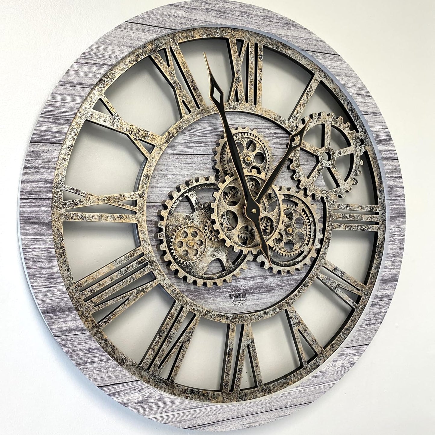 The Gears Clock The Original Real Moving Gear Wall Clock Vintage Industrial Oversized Rustic Farmhouse (24 inch (60cm),Silver Grey)