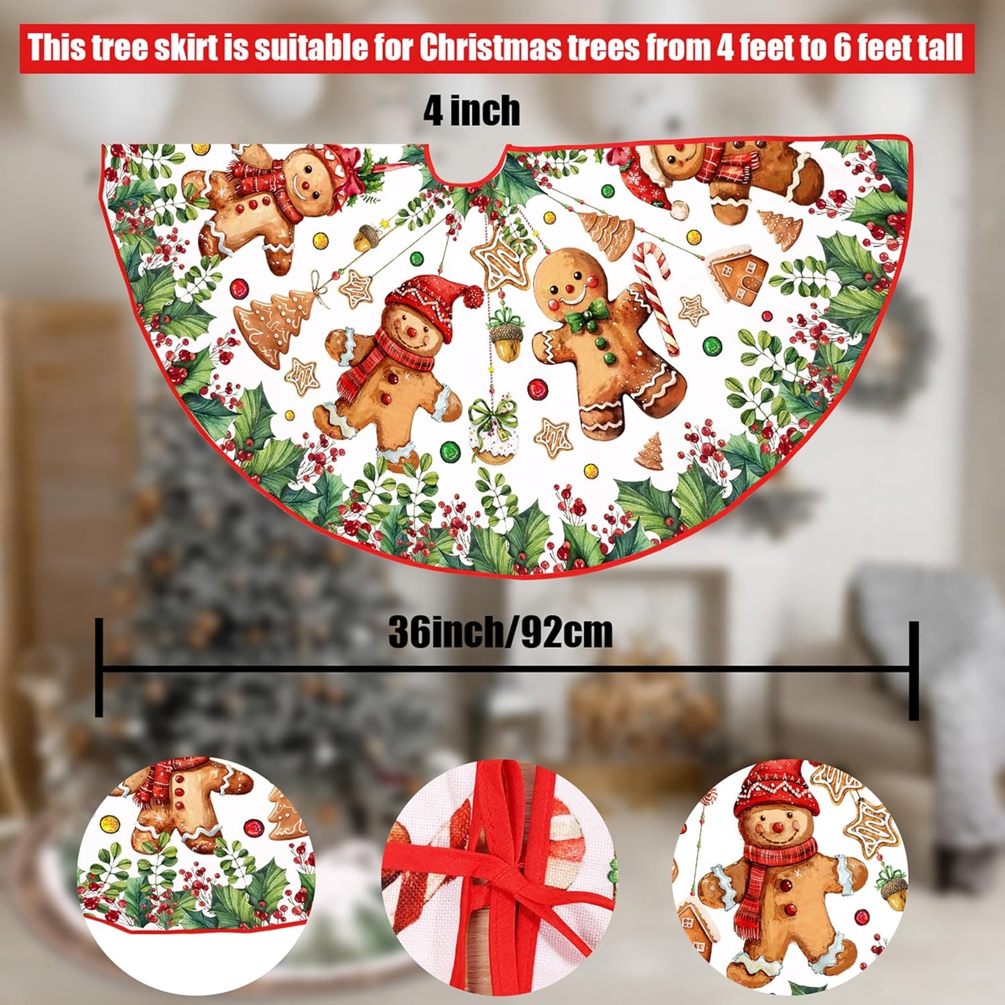 Baccessor Cute Gingerbread Man Christmas Tree Skirt 36 Inch, Merry Christmas Christmas Tree Skirt Collar for Winter Xmas Holiday Farmhouse Vintage Rustic Party Decoration