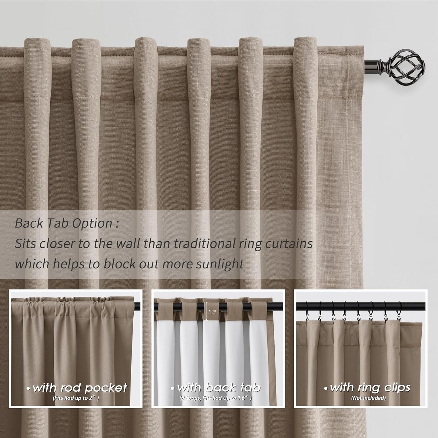 BOODII Linen Blackout Curtains for Bedroom 72 Inch Length 2 Panels Set Room Darkening Curtains Light Brown Black Out Curtain Neutral Thermal Insulated Living Room Nursery Drapes Back Tab 52x72