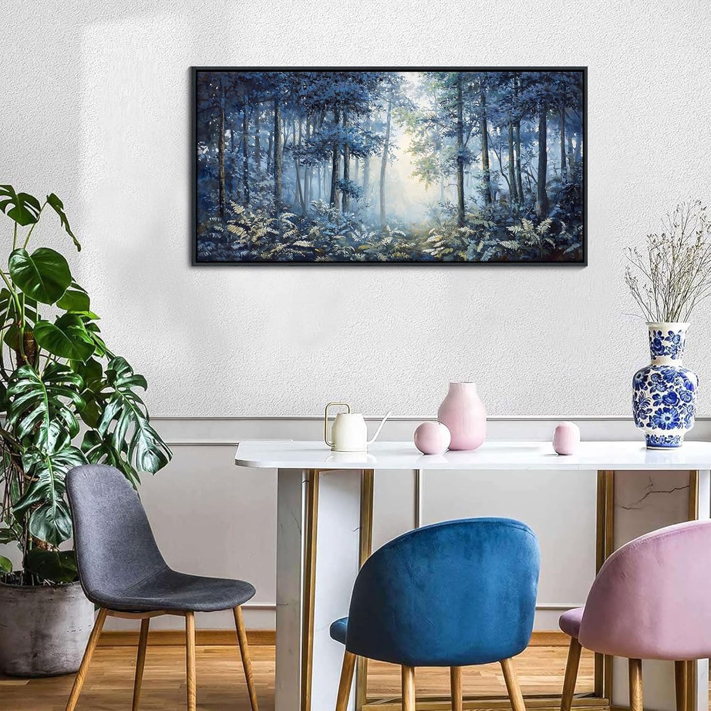 Forest Canvas Wall Art for Living Room - Navy Blue Bedroom Wall Art, Landscape Pictures Wall Decor, Forest Painting, Framed Nature Tree Artwork Walls 20×40IN