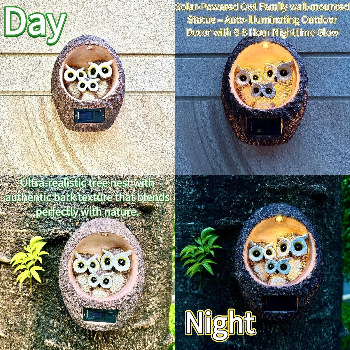 Garden Owl Family Tree Hugger Statue Solar Powered Outdoor Wall Mounted Figurine Light Resin Sculpture Home Decoration Housewarming Ornament Unique Gift