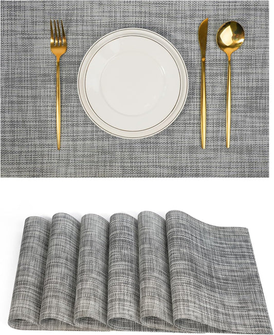Placemats Set of 6，Non-Slip PVC Weave Table Mats Easy to Clean，Heat Resistant Place Mats for Kitchen Dining Table Decoration Indoor Outdoor，Gray