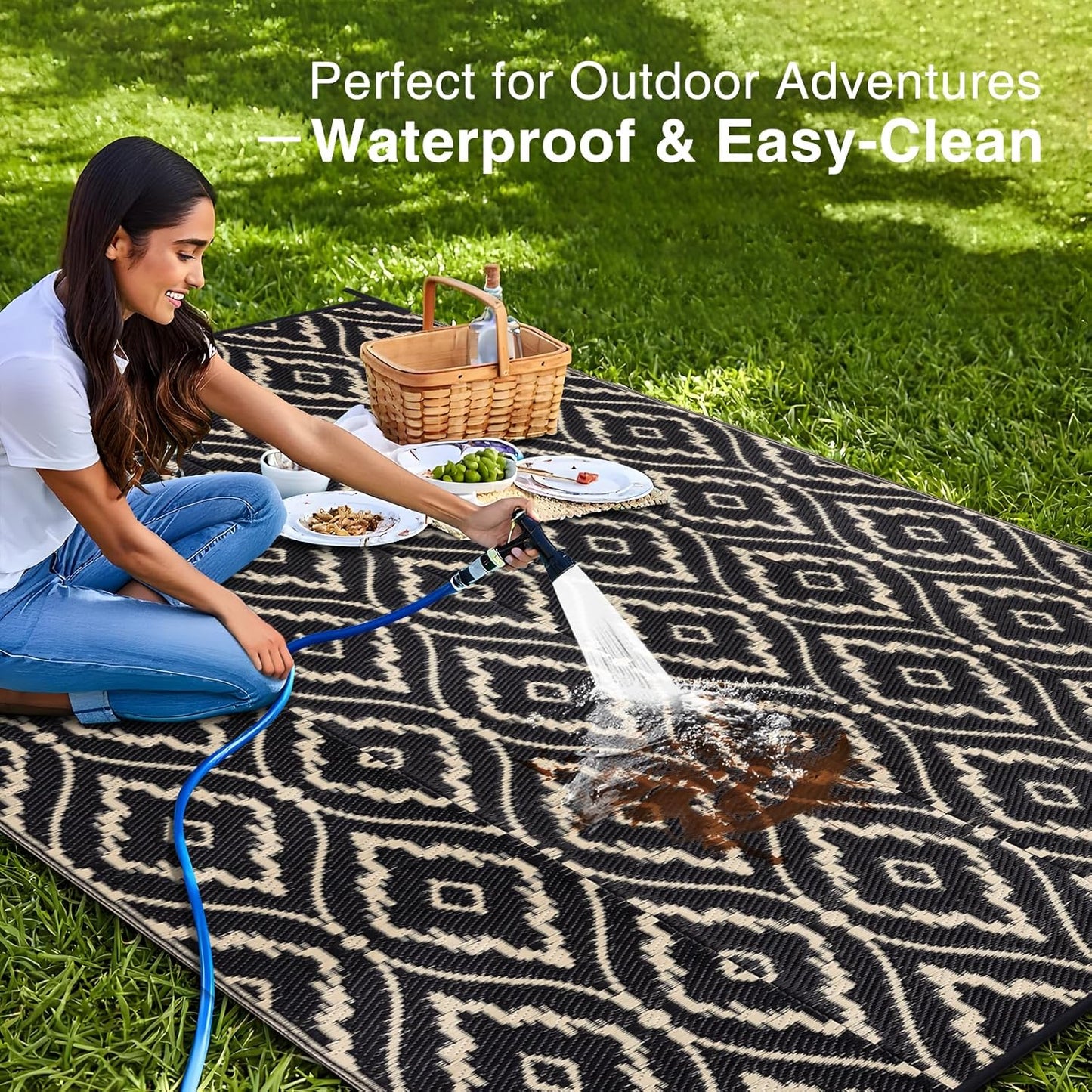 OLANLY Outdoor Rug 8x10 ft Waterproof, Outdoor Plastic Straw Rug with Geometric Pattern Clearance, Reversible RV Mat for Patio, Camping, Balcony, Deck, Backyard, Black & Beige