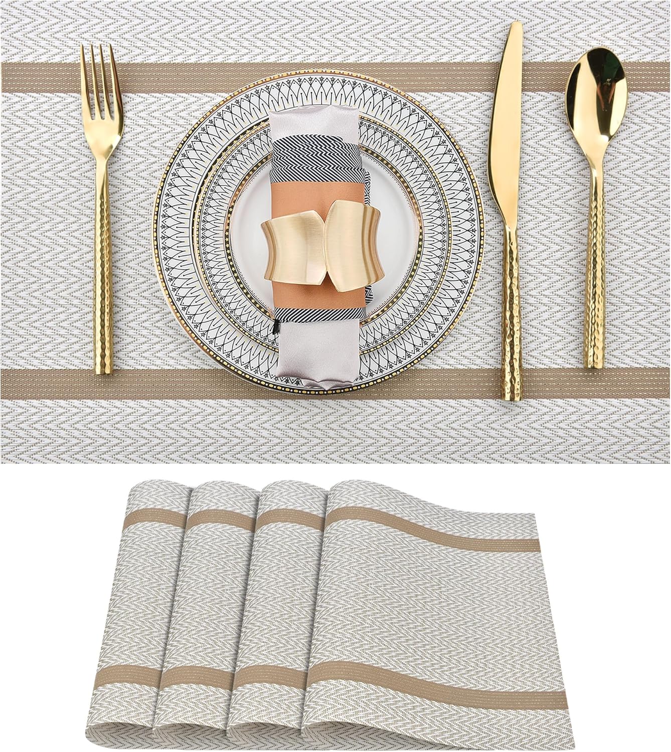 Beige White Placemats Set of 4 - Easy Clean Modern Washable Plastic Place Mats - Heat Resistant Placemats for Kitchen Table - PVC Table Mats for Dining Table(Beige White with Stripes, 4)