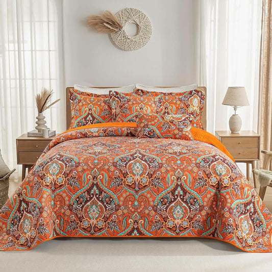 VAPUTAR Quilt California King Size Bedding Set - Cotton California King Quilt (108 * 118 Inch) - Boho Lightweight Reversible Oversized Bedspread for Farmhouse Bedroom (Orange), 3 Pieces
