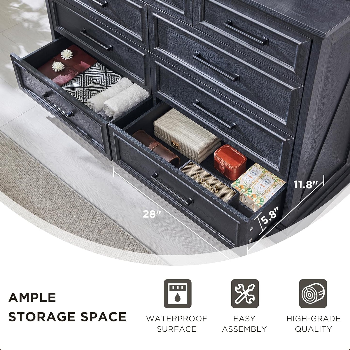 Farmhouse 6 Drawer Dresser for Bedroom, 52 Inch Wide Modern Dresser TV Stand with Large Drawers & Bar Handles, Rustic Wood Chest of Drawers for Bedroom, Living Room, Hallway, Black