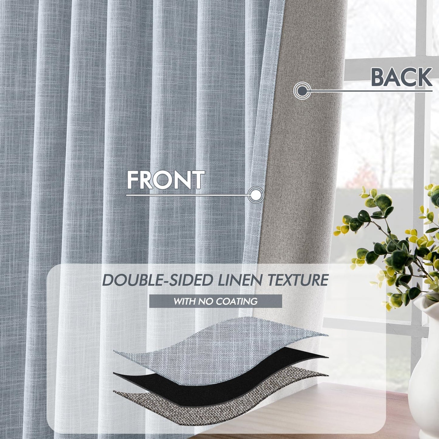 MIULEE Light Blue 100% Blackout Linen Curtains 96 Inch 2 Panels Set Double Sided No Coating Pinch Pleated Back Tab Floor to Ceiling Black Out Thermal Insulated Bedroom Living Room Darkening Drapes