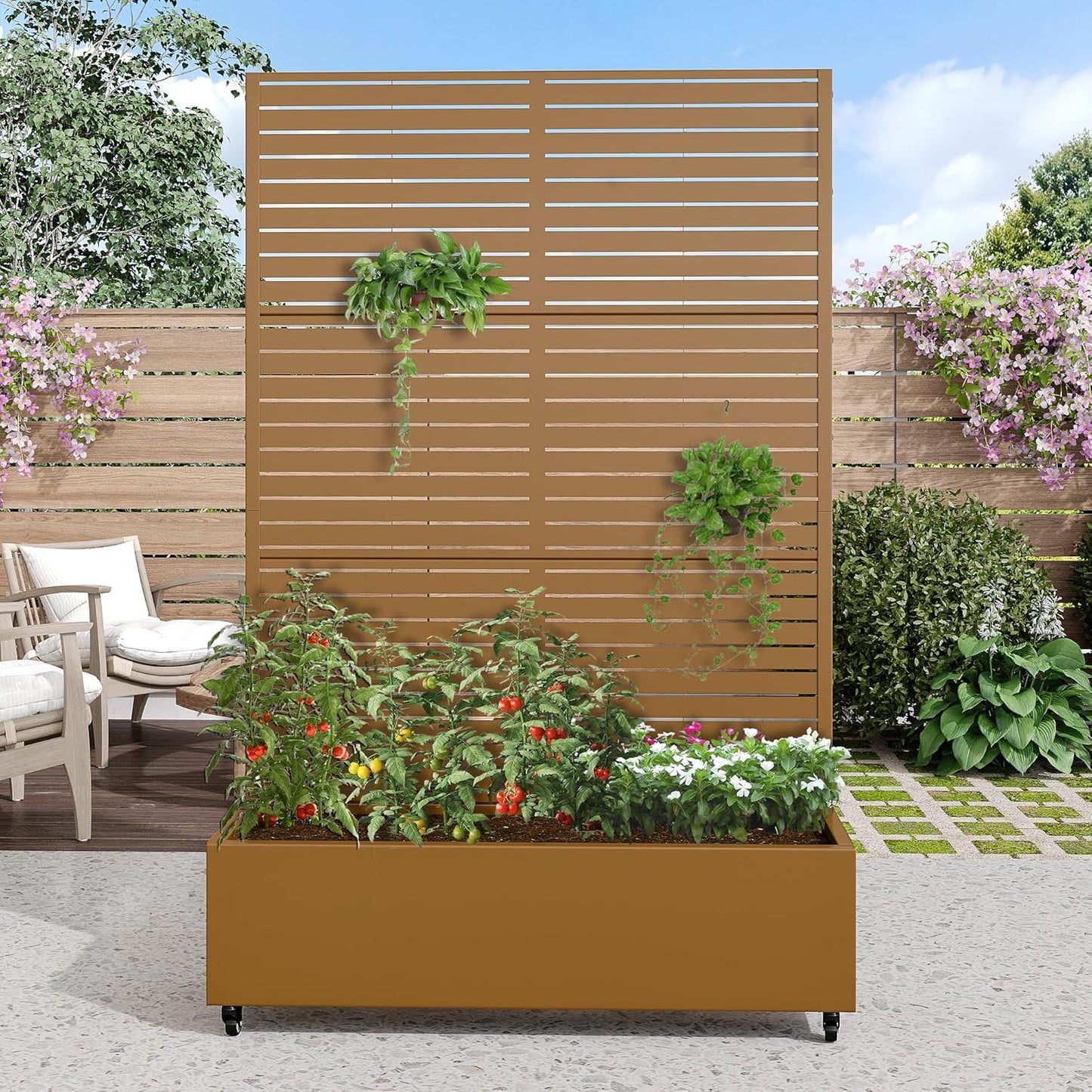 Casaphoria Metal Raised Garden Bed with Trellis and Wheels, 72"x47"x16" Planter Box for Climbing Plants, Vegetables & Vines, Features Drainage Holes and Privacy Screen (Brown-Louvered)