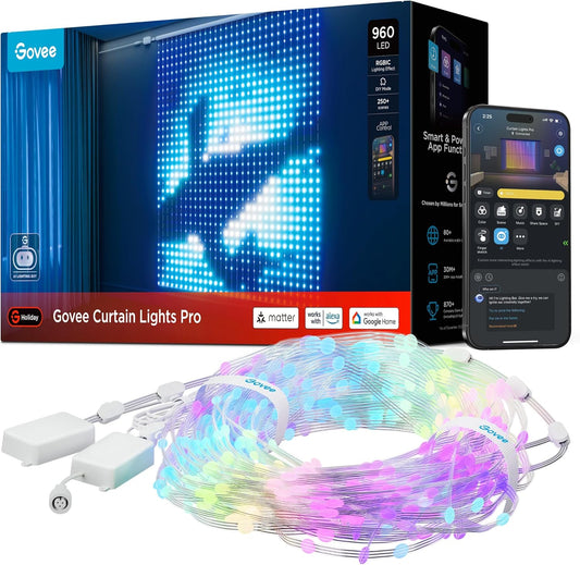 Govee Curtain Lights Pro, Upgraded 960 LEDs Smart Color Changing LED Curtain Lights with AIGC, Dynamic DIY String Lights for Bedroom Living Room Holiday Decor, Outdoor IP67 Waterproof, 5.41×5.77ft