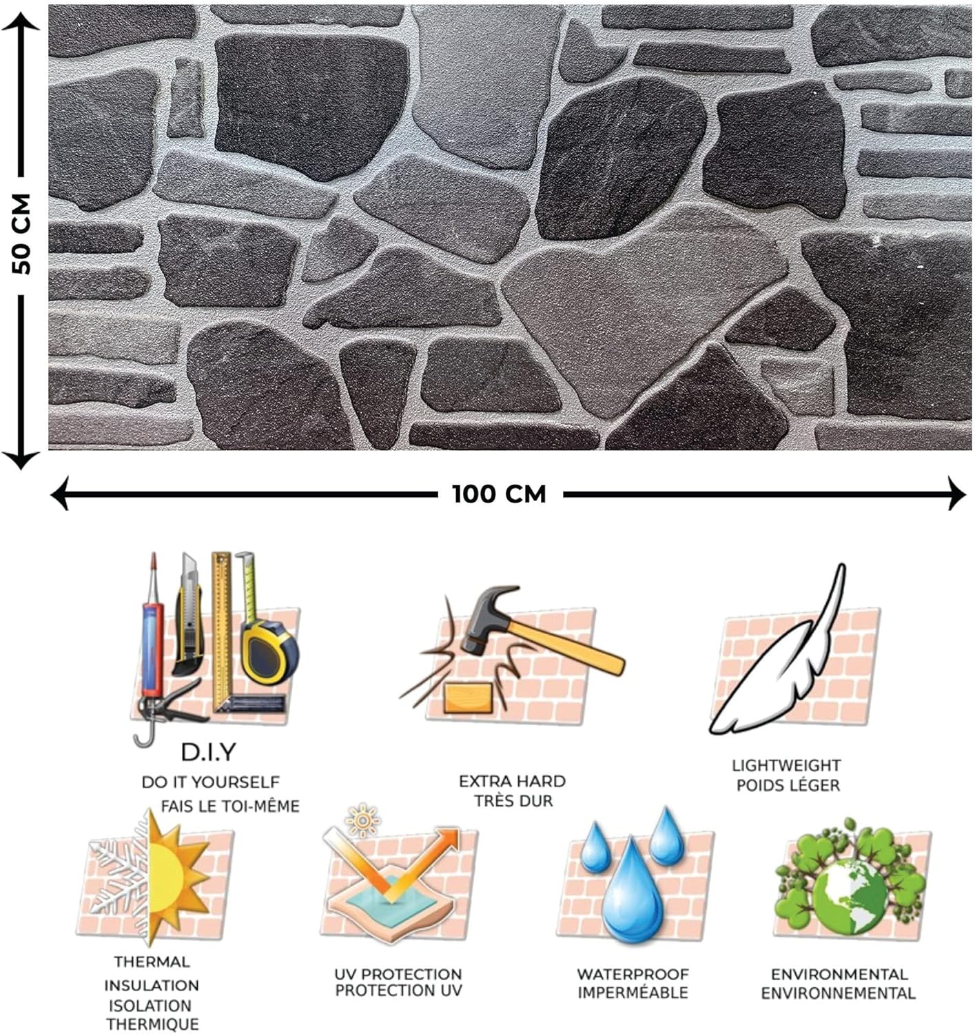 Dundee Deco 3D Wall Panels - Cladding Charcoal Grey Silver Stone Look Wall Paneling, Styrofoam Facing for Interior and Exterior Applications, DIY, Sample, Size 10 x 10 in.