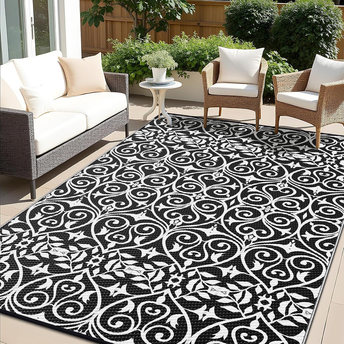 OLANLY Outdoor Rug Waterproof 9x12 ft Clearance, Reversible Outdoor Plastic Straw Rug with Floral Pattern, RV Mat for Patio, Camping, Balcony, Deck, Backyard, Black & White