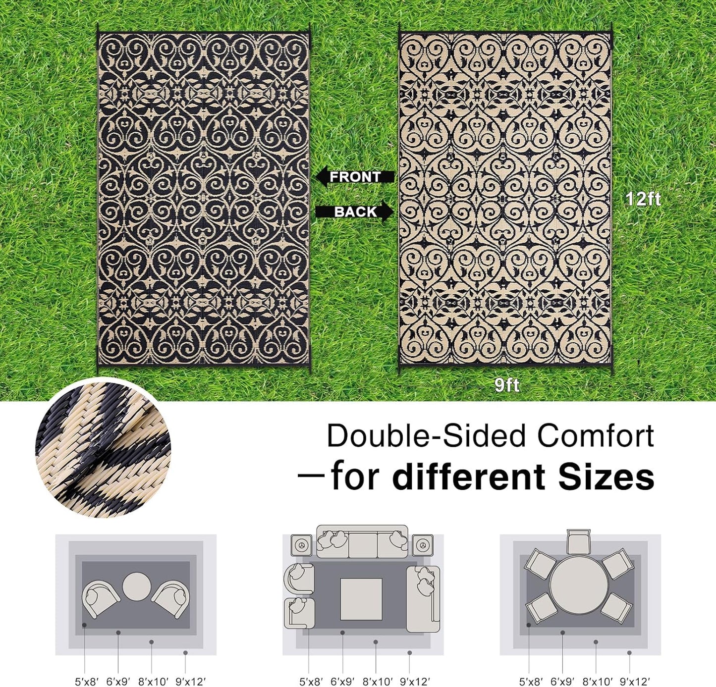 OLANLY Outdoor Rug Waterproof 9x12 ft Clearance, Reversible Outdoor Plastic Straw Rug with Floral Pattern, RV Mat for Patio, Camping, Balcony, Deck, Backyard, Black & Beige