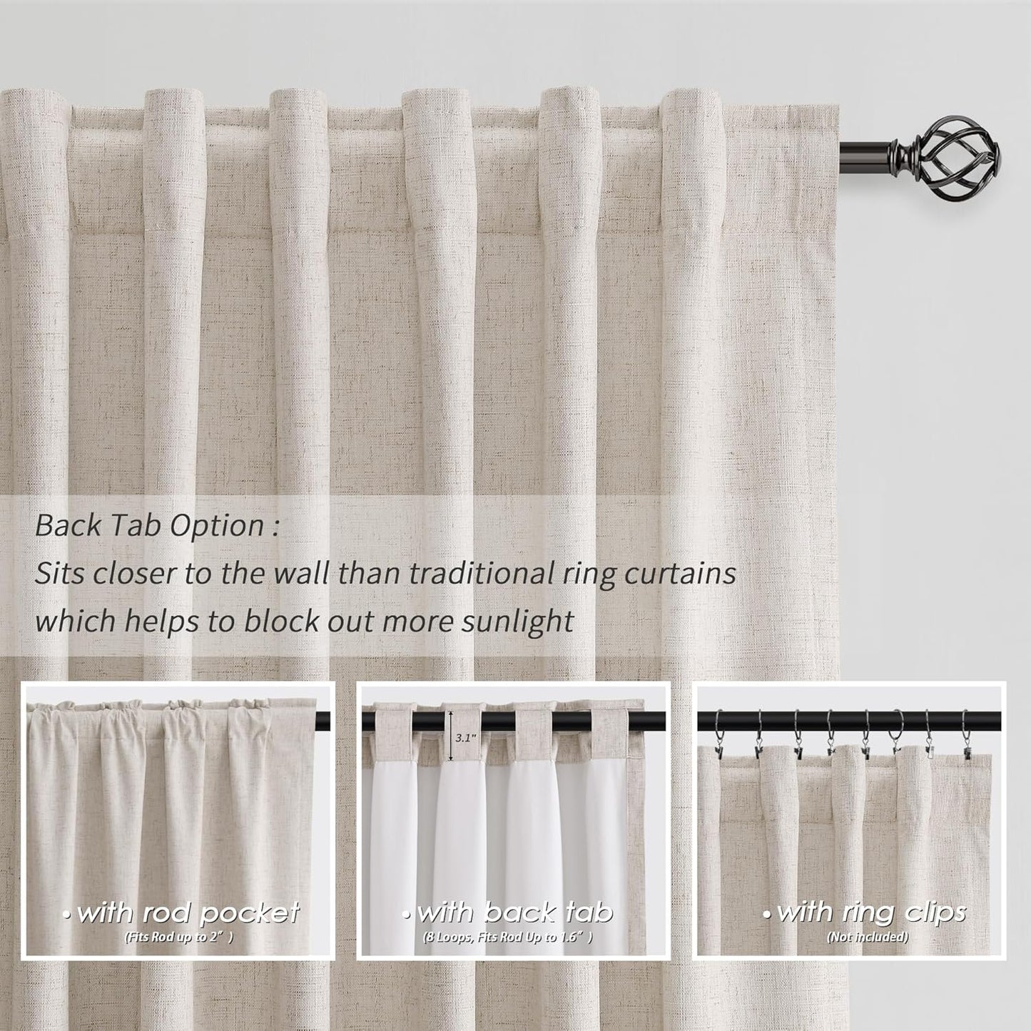 BOODII 100% Blackout Curtains for Bedroom 95 Inch Length 2 Panels Set Room Darkening Linen Curtains Sand Beige Black Out Curtain Neutral Thermal Insulated Living Room Nursery Drapes Back Tab 52x95