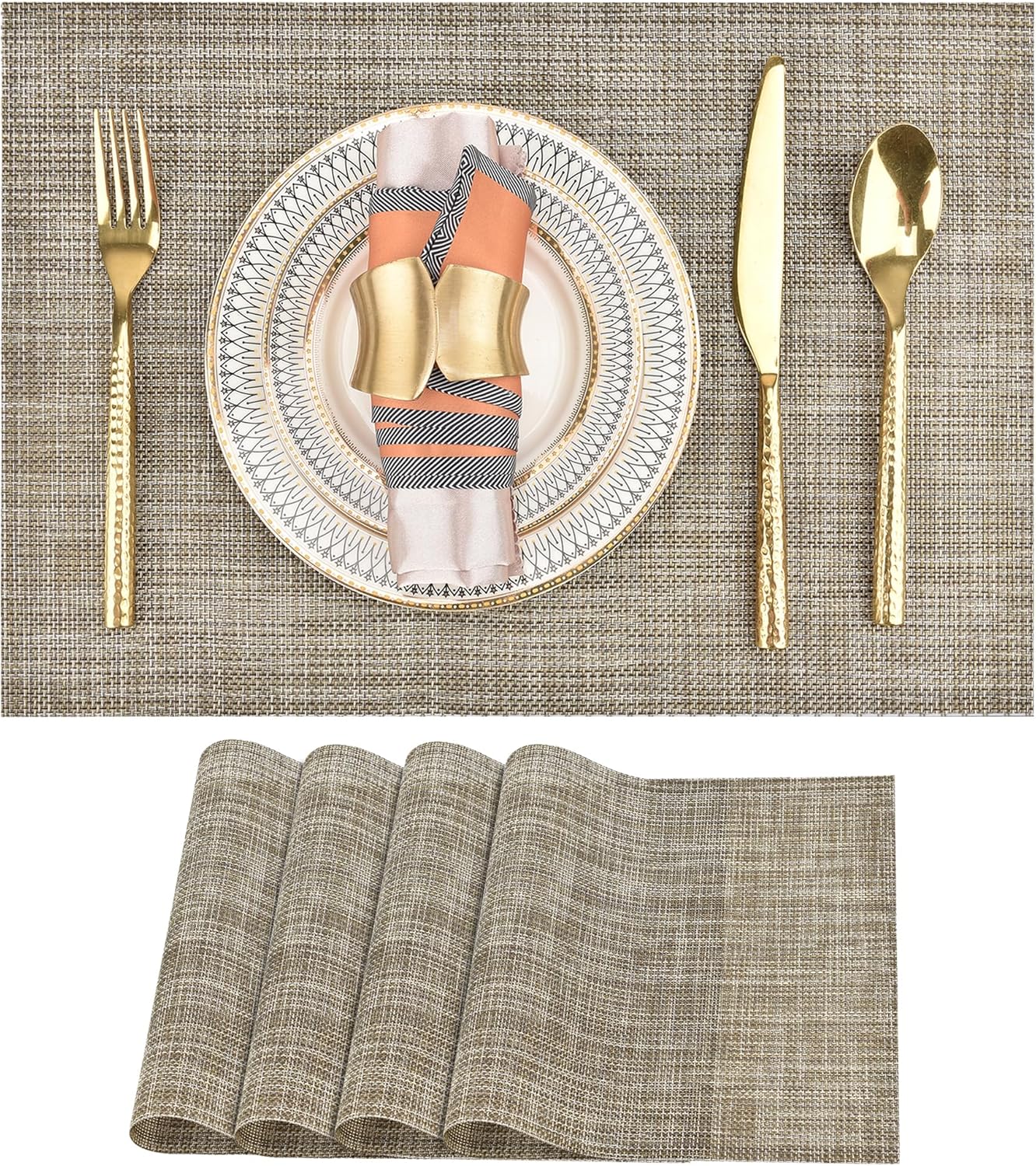 Placemats Set of 4 - Easy Clean Washable Vinyl Placemats - Wipeable Heat Resistant Table Mats for Dining Table - 17.7x11.8 Inch (4, Gray & Gold Two-Tone)
