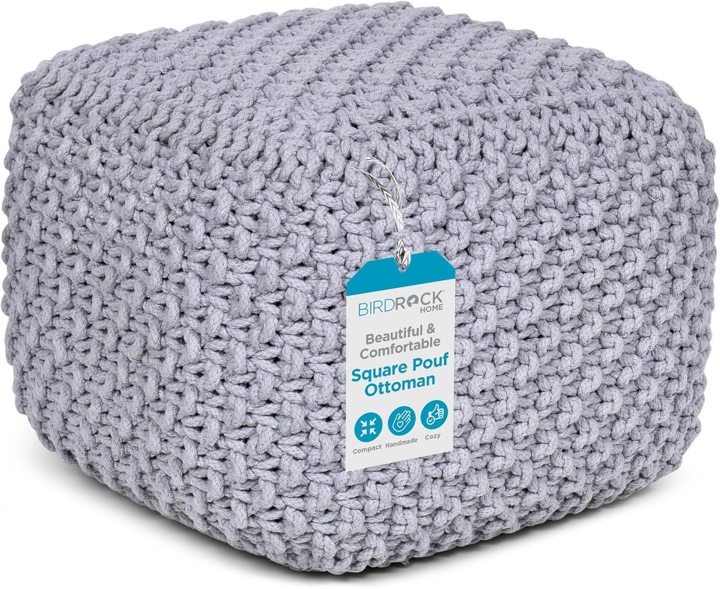BIRDROCK HOME Square Pouf Ottoman | Cotton Braided Foot Stool with Bean Bag Filling | Boho Foot Rest for Living Room, Bedroom | Compact & Comfortable Seating, Lightweight & Sturdy | Grey