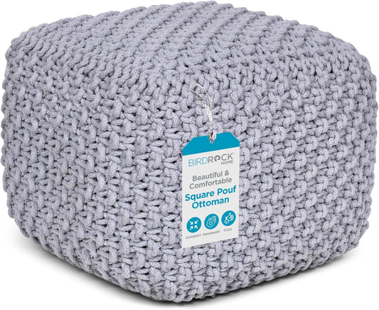 BIRDROCK HOME Square Pouf Ottoman | Cotton Braided Foot Stool with Bean Bag Filling | Boho Foot Rest for Living Room, Bedroom | Compact & Comfortable Seating, Lightweight & Sturdy | Grey