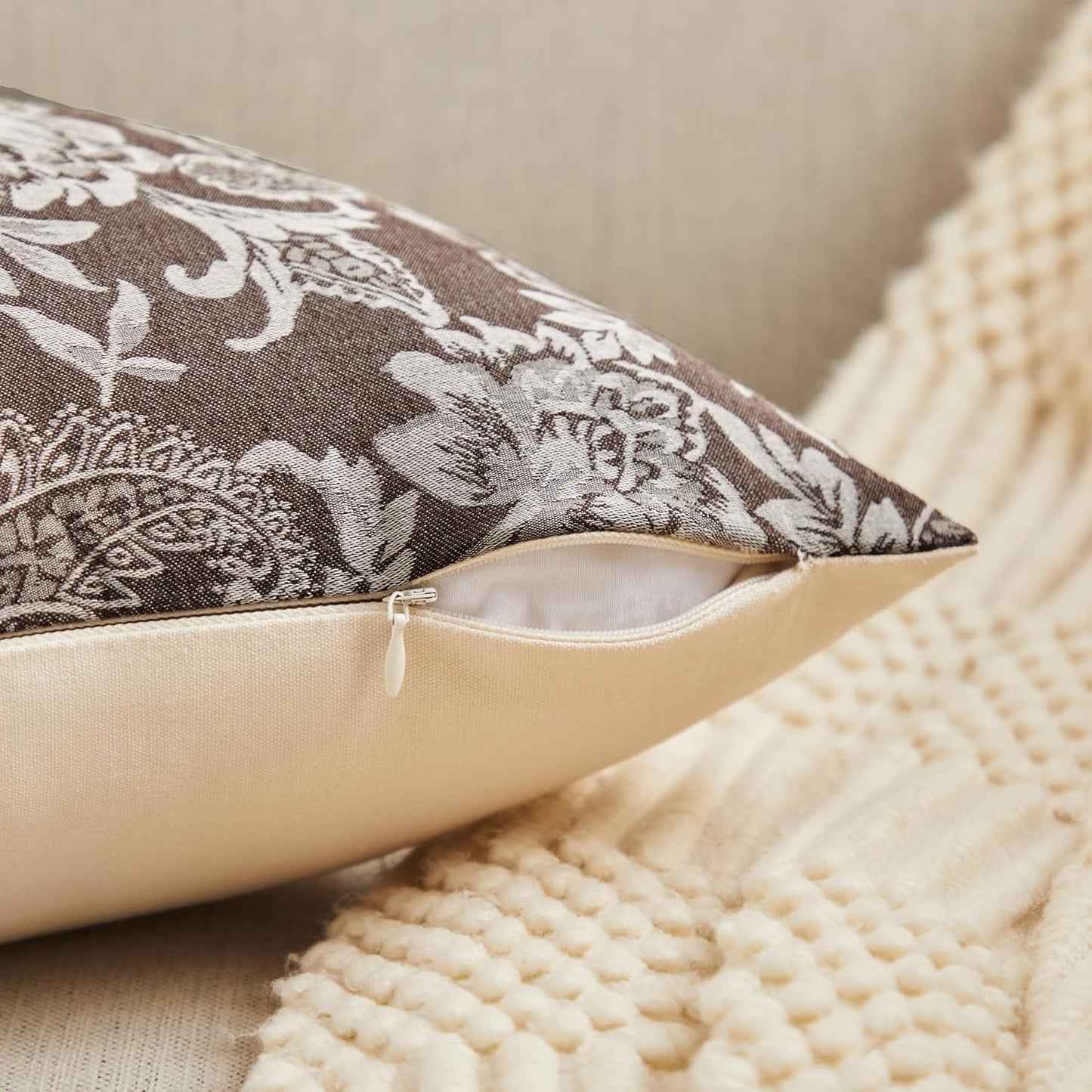 Floral Jacquard Lumbar Throw Pillow Covers Set of 2, Background/Chocolate 12x20 Inch, Farmhouse Decorative Cotton Dark Brown Cushion Covers for Sofa Bed Living Room Home Decor