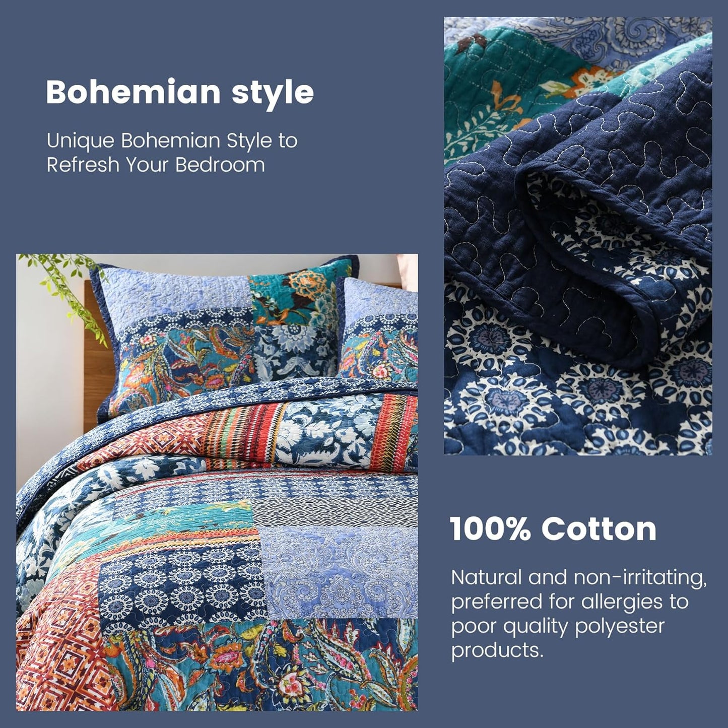 Secgo Queen Comforter Set for Bed - 100% Cotton Quilts Queen Size, Navy, Bohemia Bedspreads (90 * 98 Inch) with 2 Pillow Shams, Patchwork Reversible Lightweight Bedding
