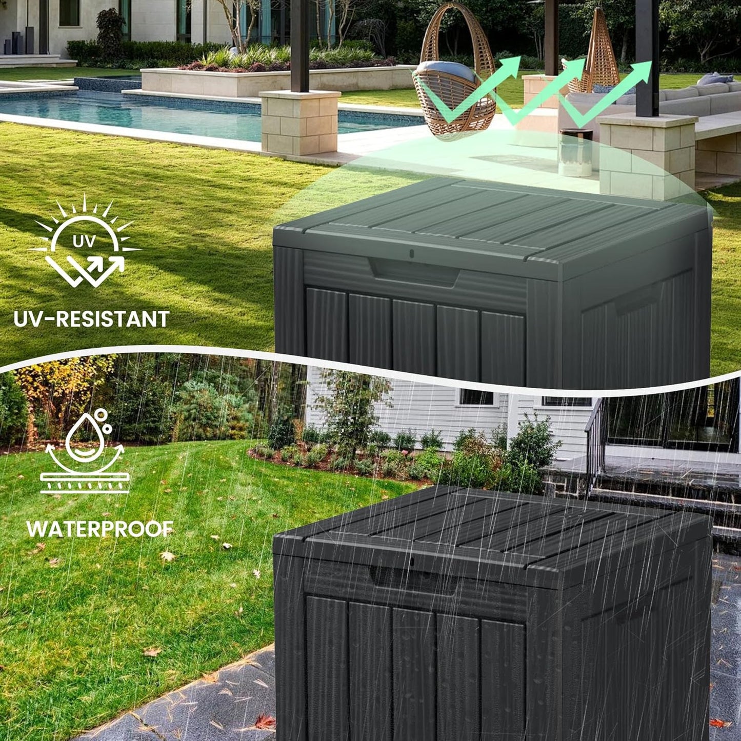 28 Gallon Outdoor Storage Box, Waterproof Durable Resin Deck Box for Indoor & Outdoor Use, Lockable Outdoor Bench, Deck Bin for Patio Furniture, Deliveries, Pool Supplies, Black