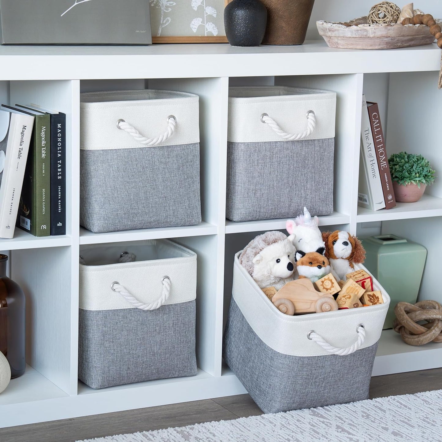 OrganiHaus 11x11 Cube Storage Bins 4 Pack, Foldable Cube Storage Organizer w/ Rope Handles, Collapsible Fabric Bins for Toys, Clothes & Closet Organization, Fabric Square Baskets - Gray/White