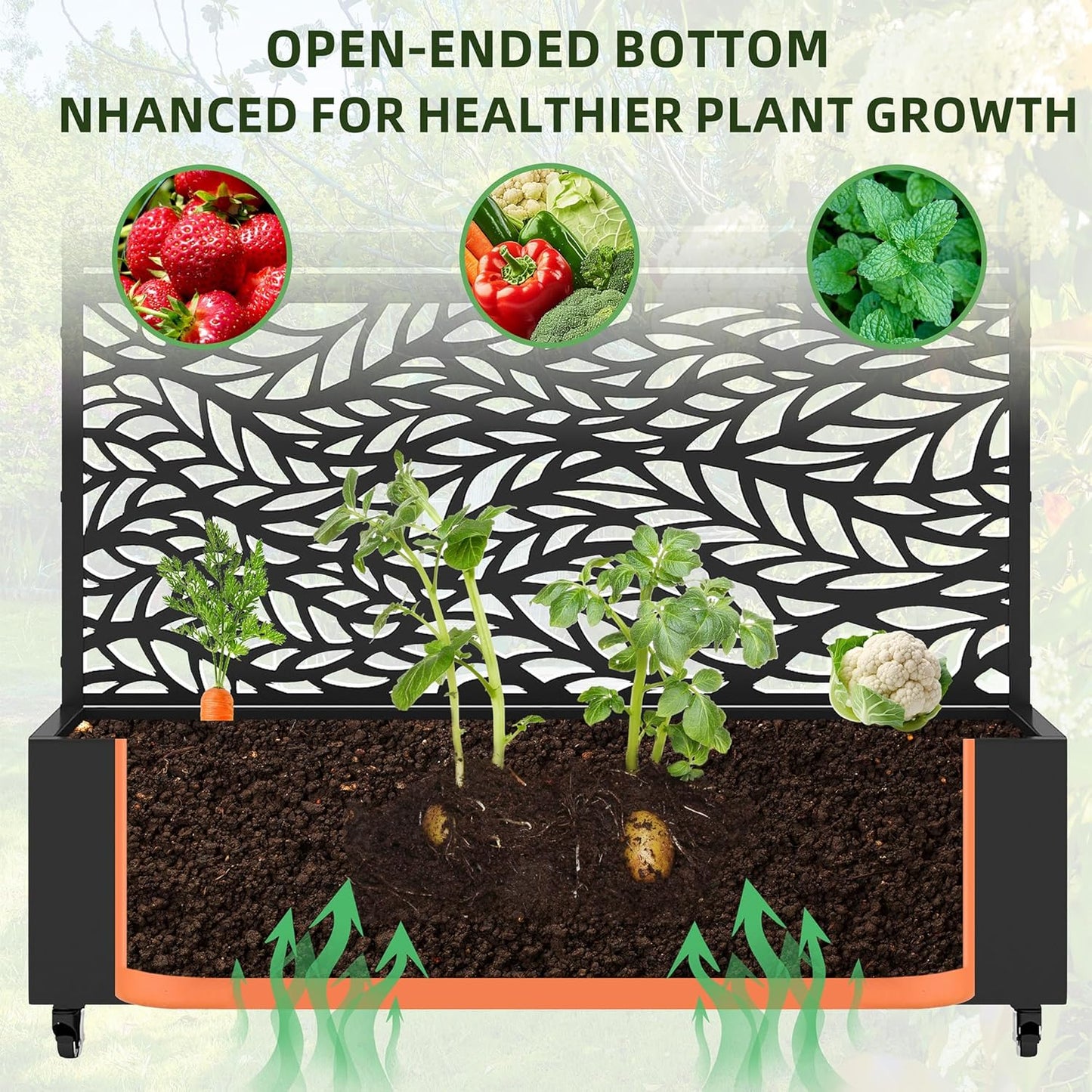 Casaphoria Metal Raised Garden Bed with Trellis and Wheels, 72"x47"x16" Planter Box for Climbing Plants, Vegetables & Vines, Features Drainage Holes and Privacy Screen, Black(Spring&Louvered)